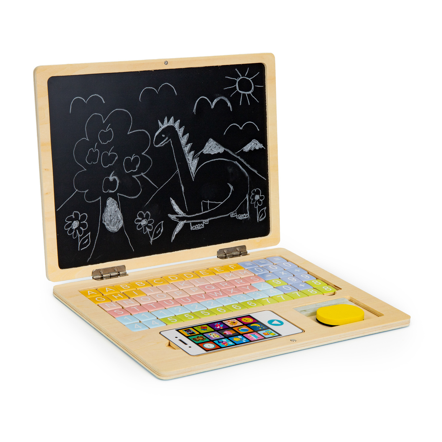 Educatieve Houten Laptop 2-in-1: Magneet- & Schoolbord met 78 Letters & Cijfers (Roze) - 48% Korting!
