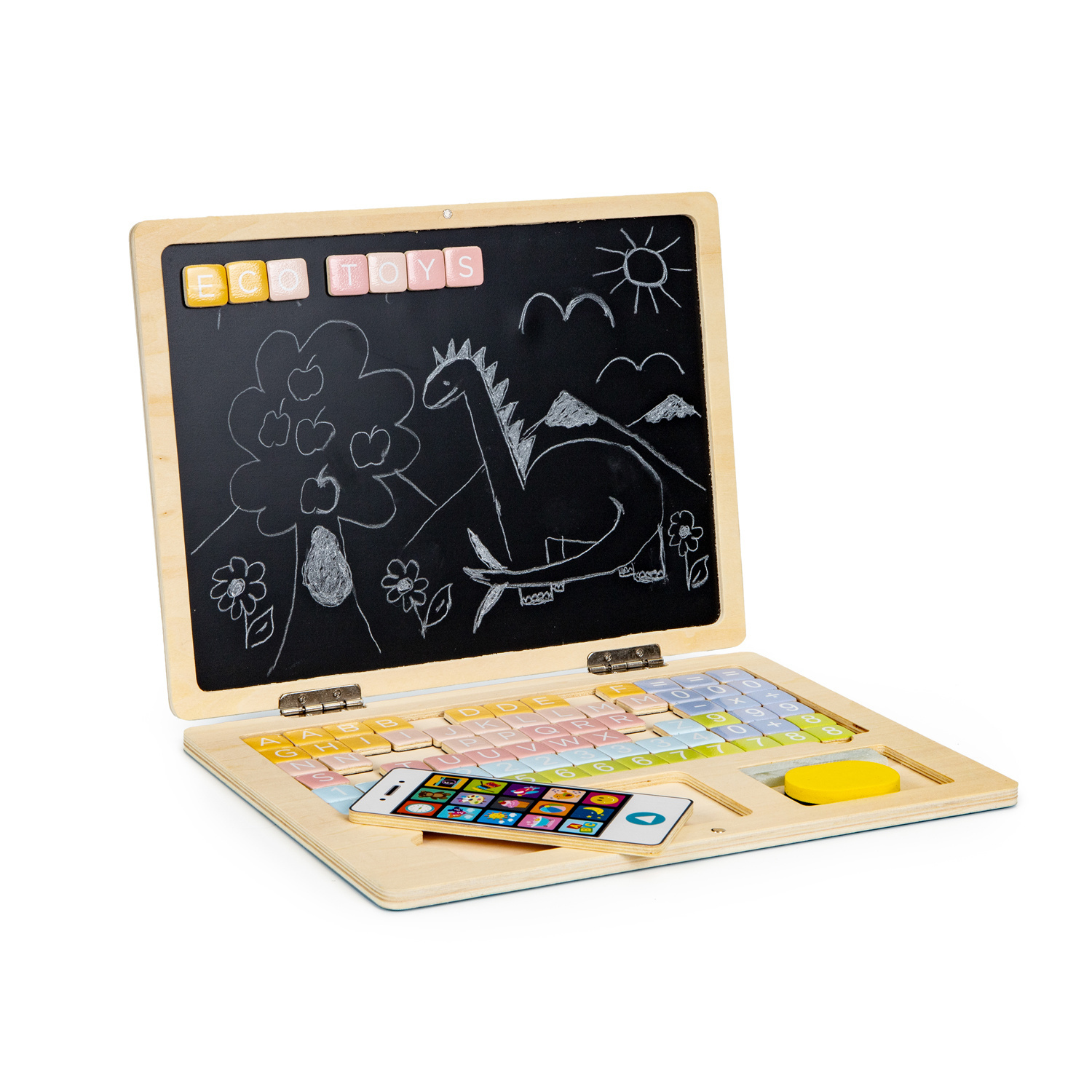 Educatieve Houten Laptop 2-in-1: Magneet- & Schoolbord met 78 Letters & Cijfers (Roze) - 48% Korting!