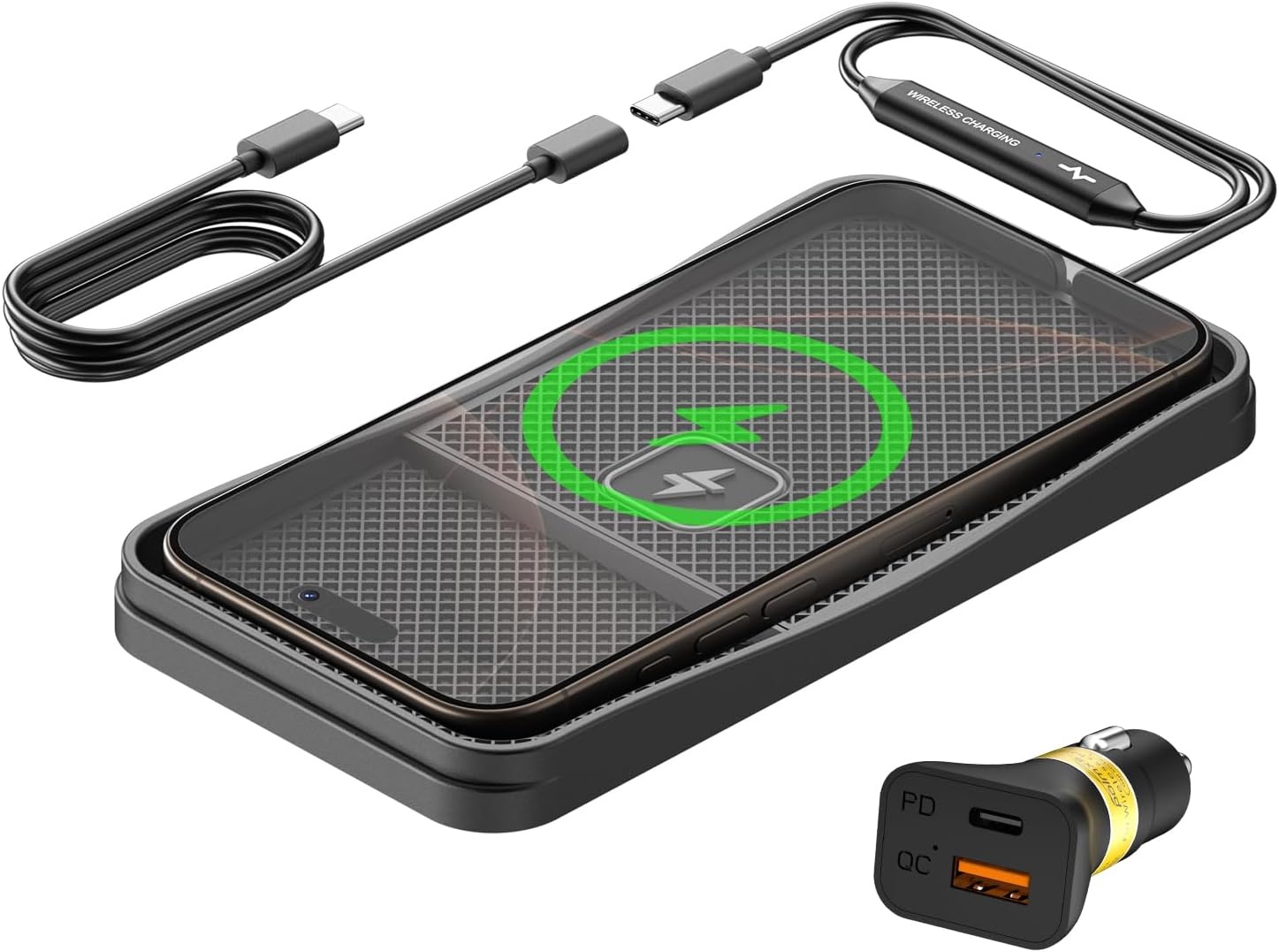 Wireless Car Charging Pad, polmxs 15W Fast Wireless Car Charger Pad Non-slip Car Wireless Charger Mat 30cm Cable with 70cm Extended Cable Compatible with iPhone 16/15/14/13/12/11, Samsung, Google