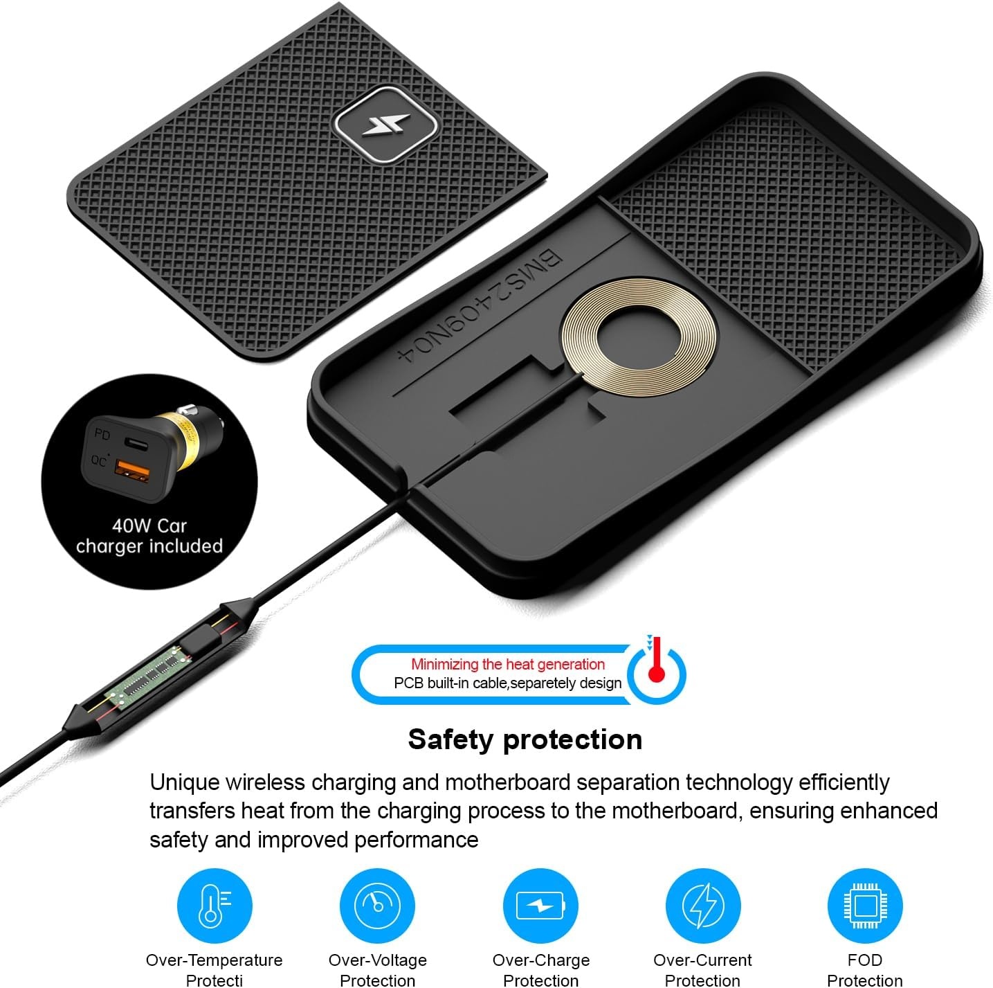 Wireless Car Charging Pad, polmxs 15W Fast Wireless Car Charger Pad Non-slip Car Wireless Charger Mat 30cm Cable with 70cm Extended Cable Compatible with iPhone 16/15/14/13/12/11, Samsung, Google