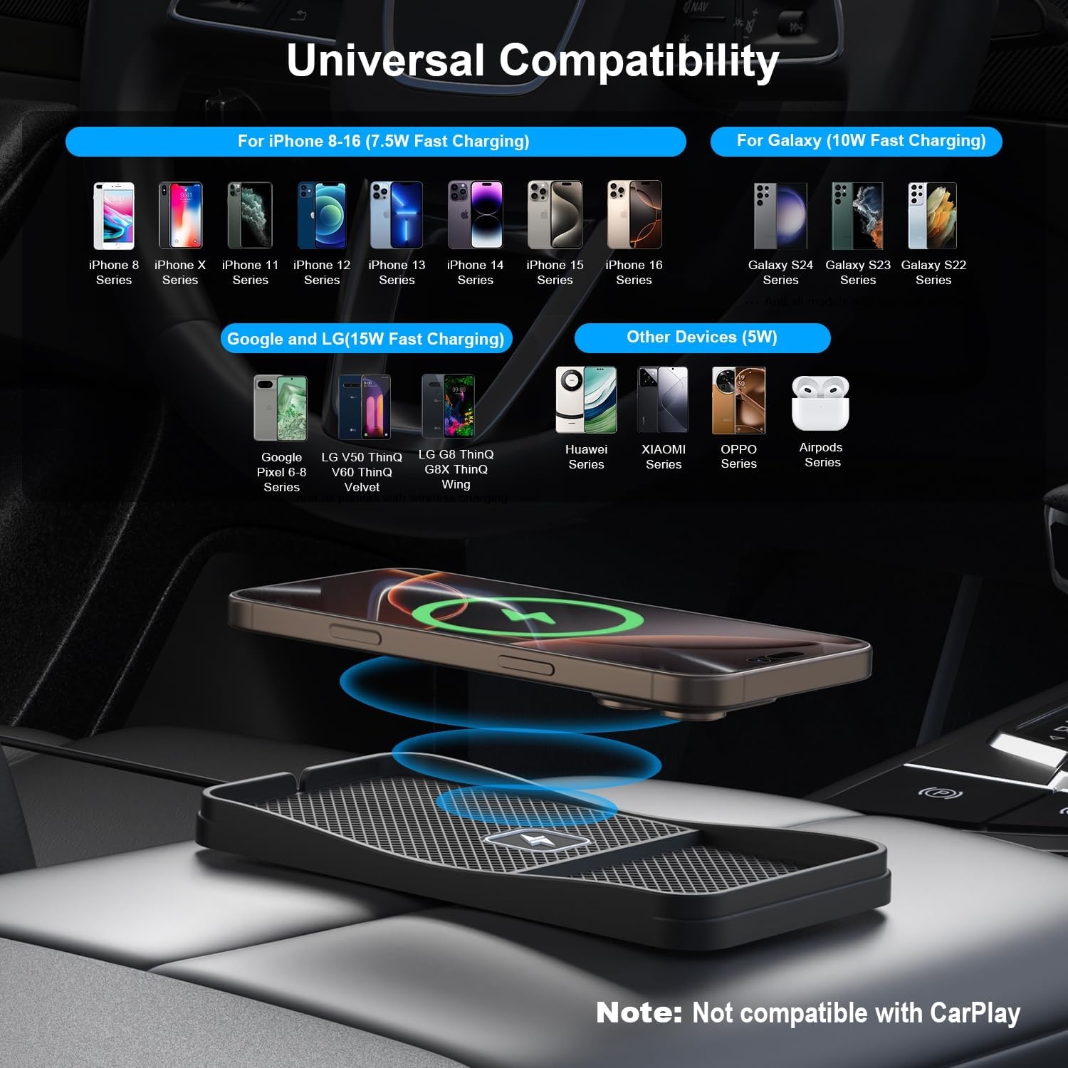 Wireless Car Charging Pad, polmxs 15W Fast Wireless Car Charger Pad Non-slip Car Wireless Charger Mat 30cm Cable with 70cm Extended Cable Compatible with iPhone 16/15/14/13/12/11, Samsung, Google