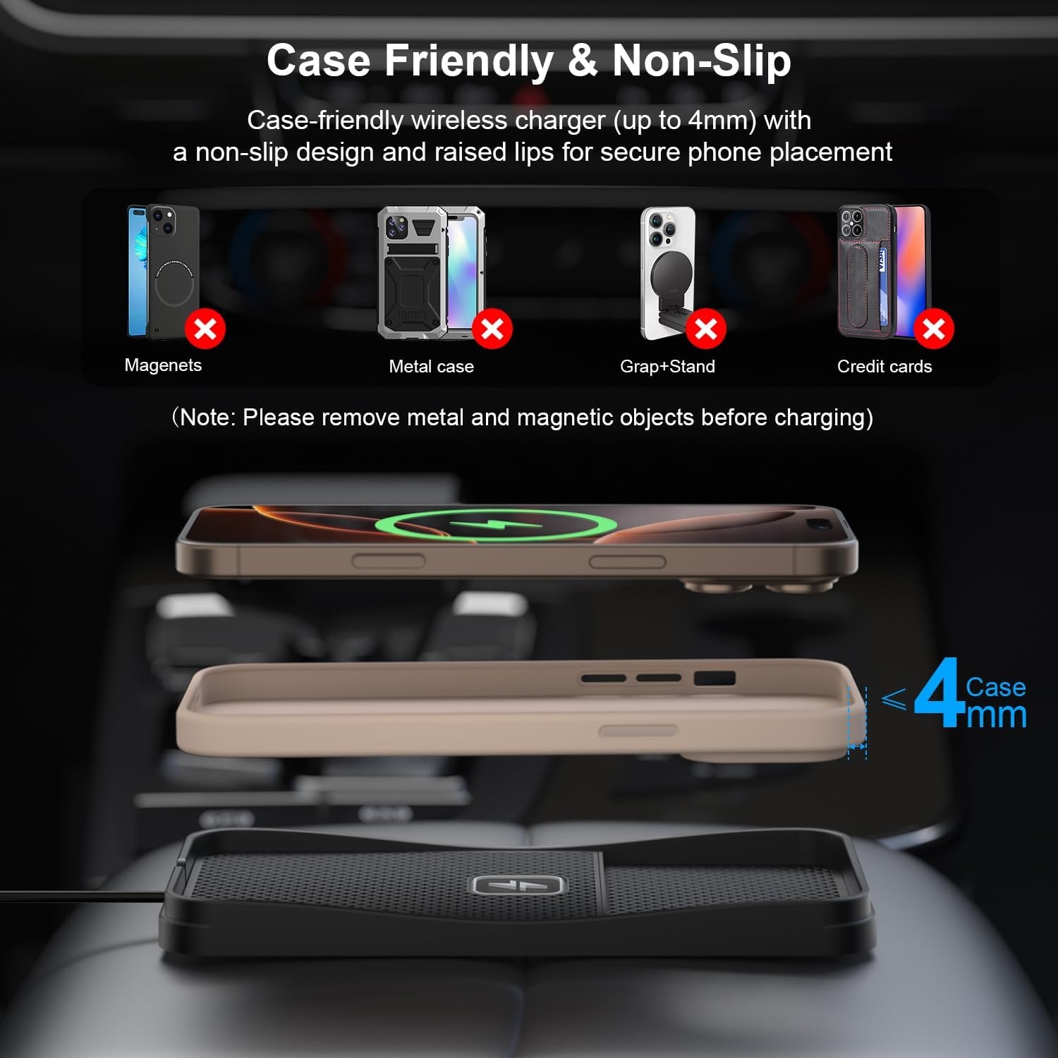 Wireless Car Charging Pad, polmxs 15W Fast Wireless Car Charger Pad Non-slip Car Wireless Charger Mat 30cm Cable with 70cm Extended Cable Compatible with iPhone 16/15/14/13/12/11, Samsung, Google