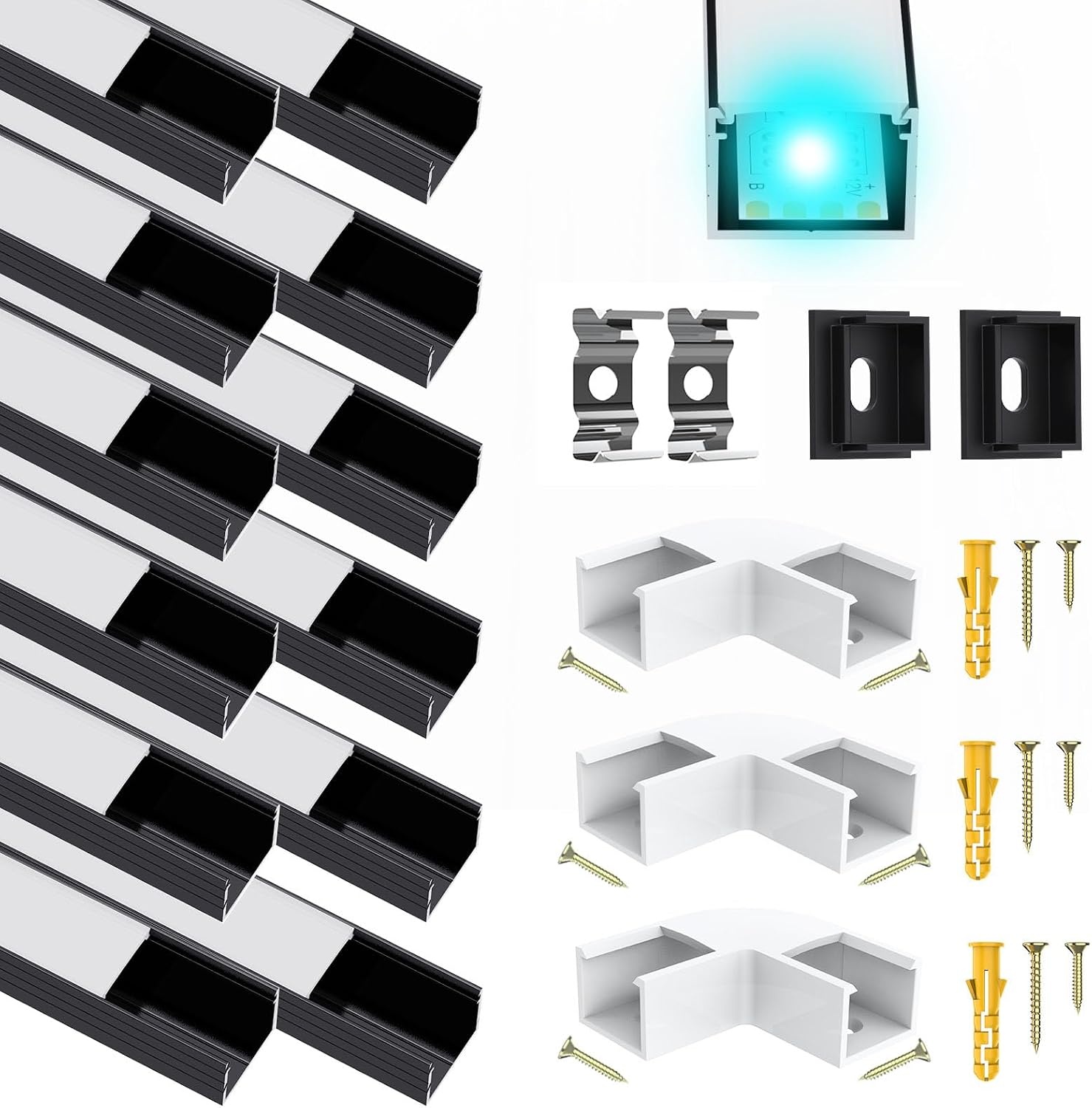 Chesbung Black LED Aluminium Profile for 16mm LED Strips, U Shape LED Channel Diffuser Track with Milky White Cover and 90 Degree Corner Connector, Suitable for Philips Hue LED Light Strip