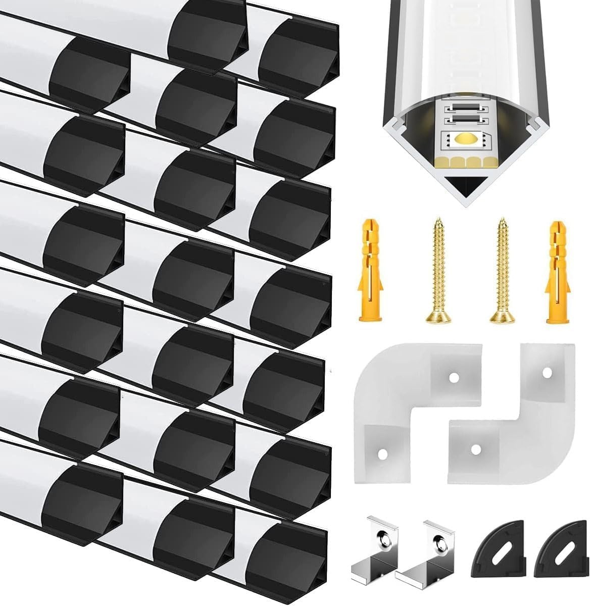 Chesbung Black LED Aluminium Profile for 16mm LED Strips, U Shape LED Channel Diffuser Track with Milky White Cover and 90 Degree Corner Connector, Suitable for Philips Hue LED Light Strip