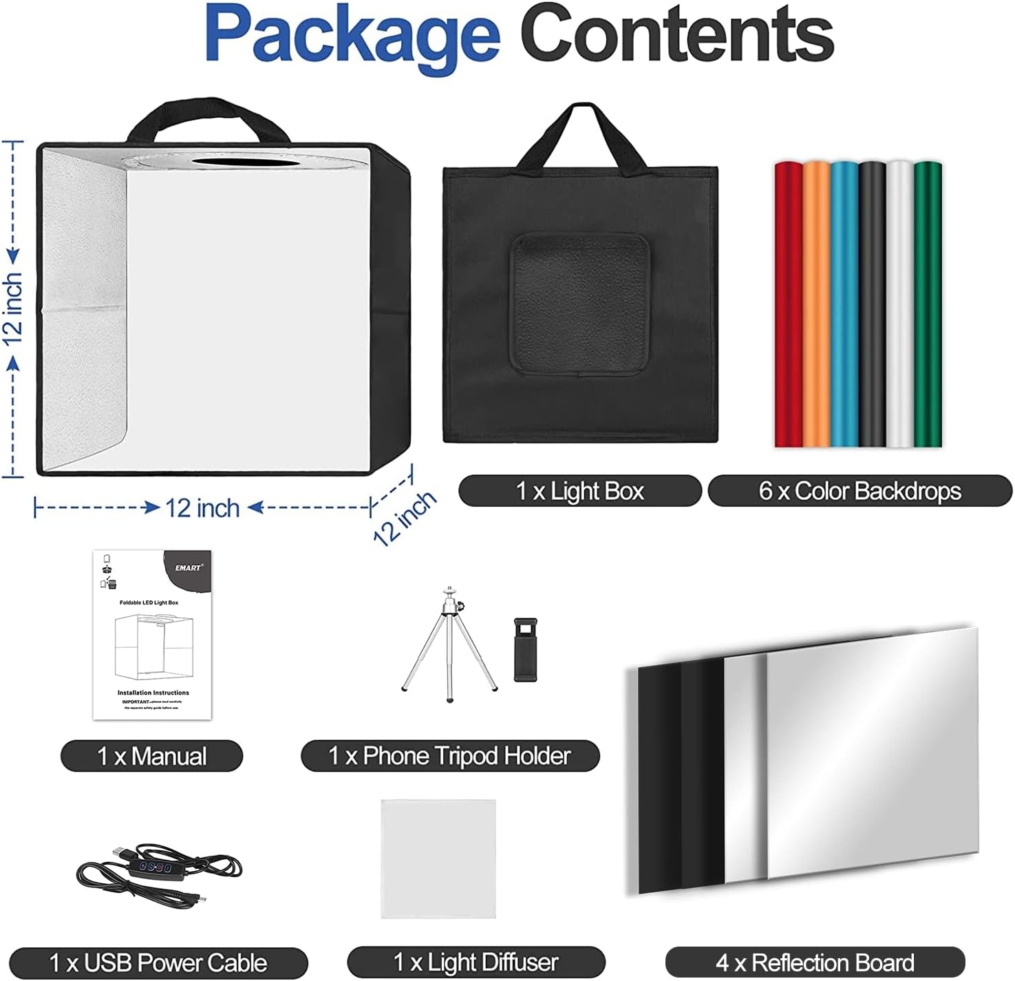 EMART Fotostudio Light Box 30x30x30 cm met 120 LED lampen en 6 achtergrondkleuren