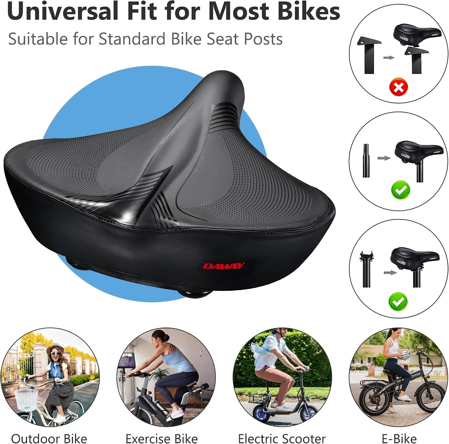DAWAY C40 Fietszadel met extra zacht schuimvulling, voor dames en heren, senioren, universeel reservezadel voor hometrainer, MTB, e-bike, stadsfiets, racefiets