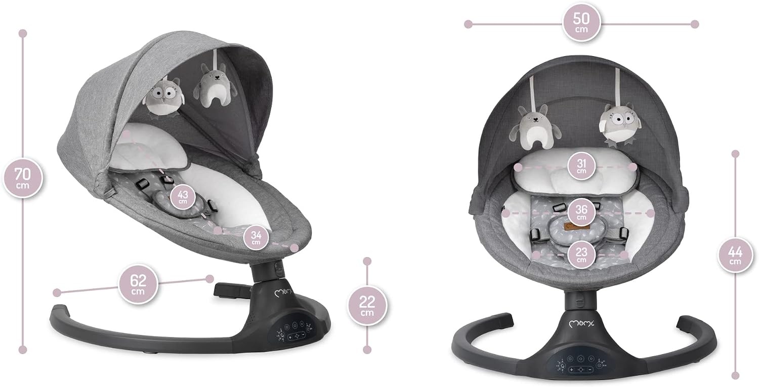 MoMi KENANI Ligstoel voor schommelbank, tot 9 kg, opvouwbaar, afstandsbediening en bluetooth, voor smartphone, stroomvoorziening op batterijen en netvoeding, 5-punts veiligheidsgordel, zonwering