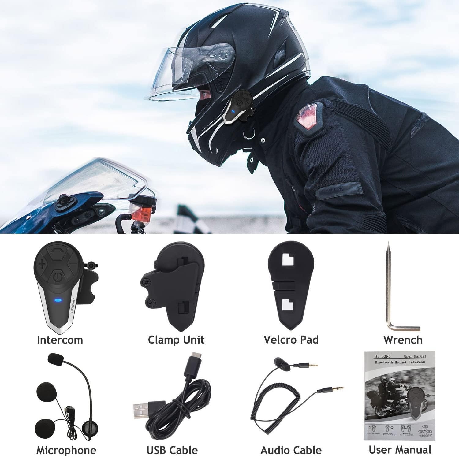 BETOWEY BT-S3 Bluetooth Motor Intercom Headset - Zwart - 1 Set
