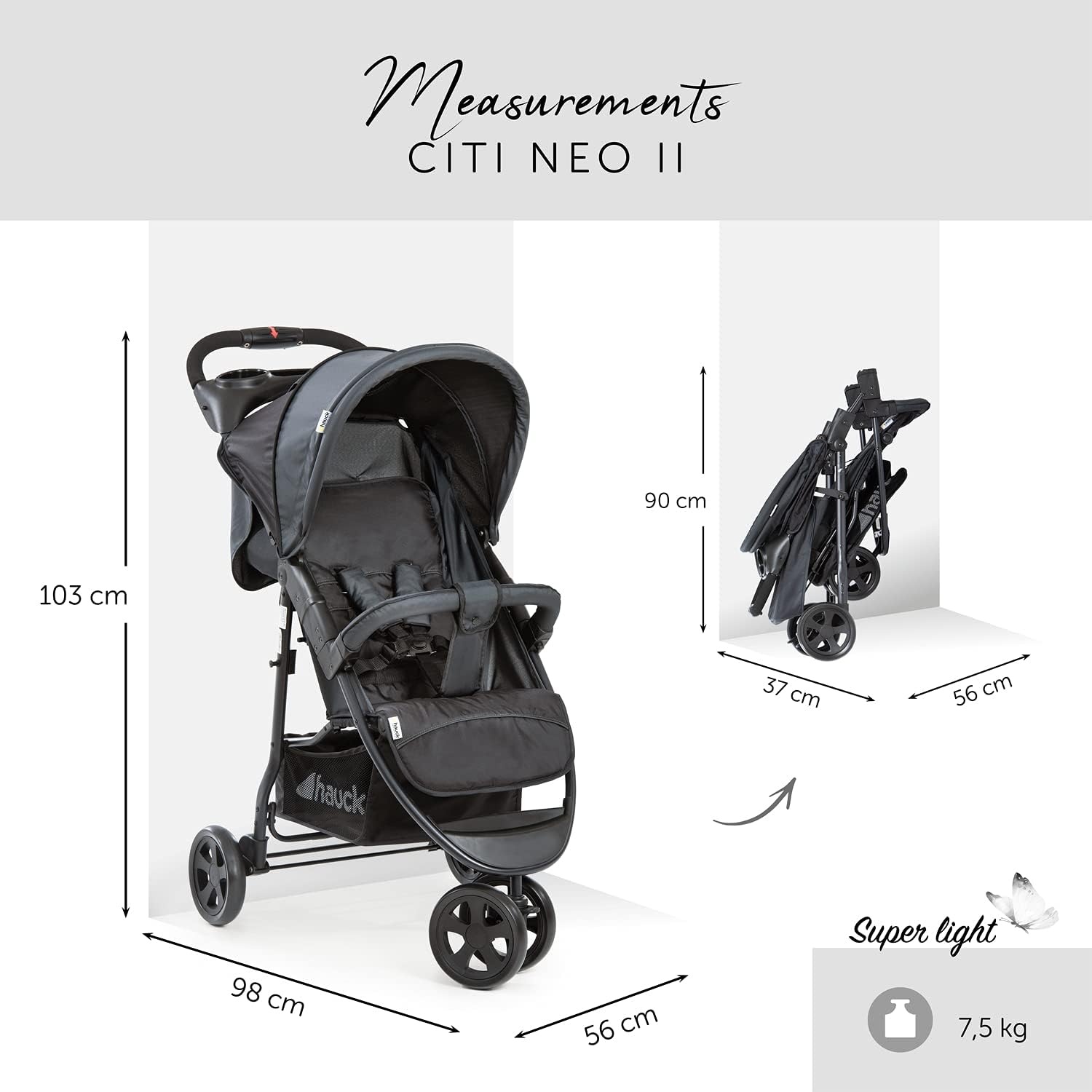 Hauck Citi Neo II Kinderwagen - Caviar/Stone - 3-wieler, opvouwbaar met één hand