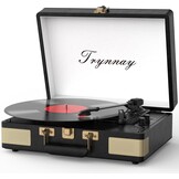 Trynnay draaitafel, platenspeler, 3-speed-bluetooth, draagbare koffer-vinylspeler met geïntegreerde luidsprekers, platenspeler, verbeterd audiogeluid, PU-leer, vintage zwart