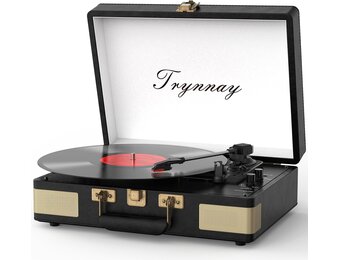 Trynnay draaitafel, platenspeler, 3-speed-bluetooth, draagbare koffer-vinylspeler met geïntegreerde luidsprekers, platenspeler, verbeterd audiogeluid, PU-leer, vintage zwart