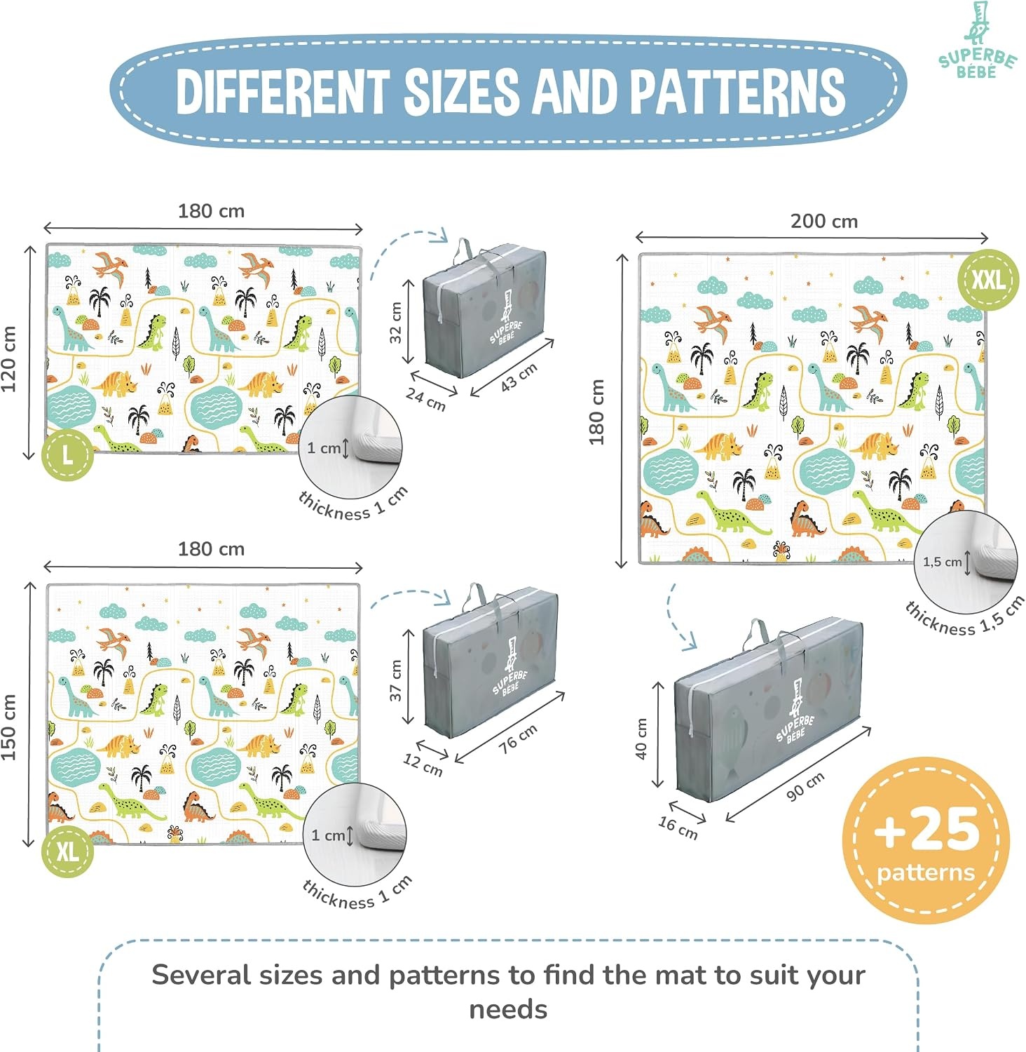 SUPERBE BEBE Baby Speelmat - 180x200x1.5cm - Opvouwbare Vloermat - Dinosaurus