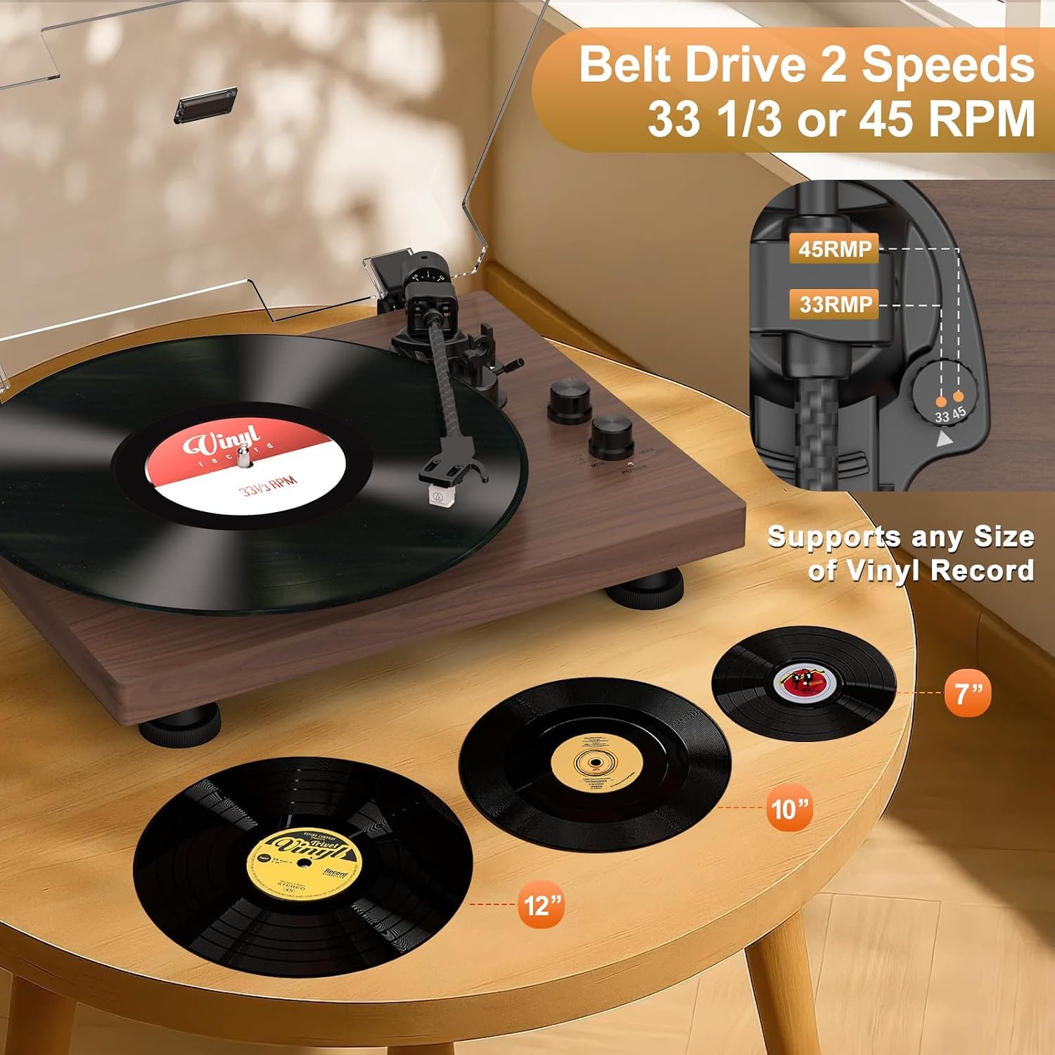 Trynnay Vintage Platenspeler met Bluetooth en Speakers - Walnoothout