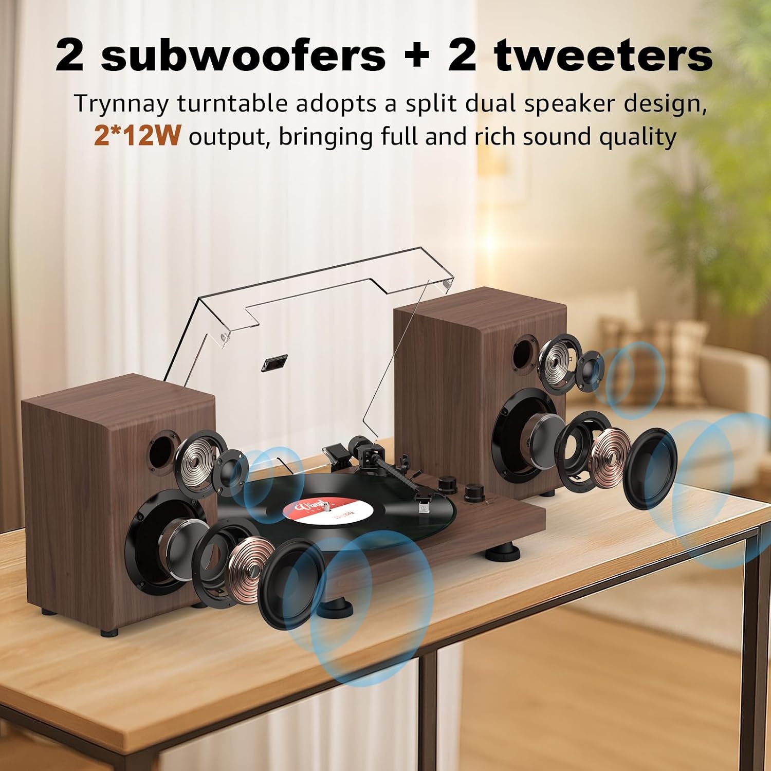 Trynnay Vintage Platenspeler met Bluetooth en Speakers - Walnoothout
