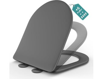 Wc-bril, D-vorm, toiletdeksel met softclosemechanisme, wc-deksel, grijs, Soft Close toiletbril, universeel compatibel, wc-bril van duroplast, toiletbril voor gezinnen, wc-bril