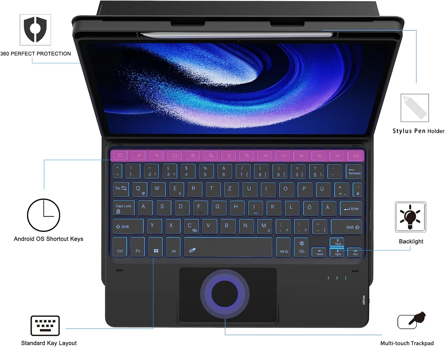 Toetsenbordhoes QWERTZ voor Xiaomi Pad 6/Pro 11" met Touchpad & Penhouder - Zwart (60% Korting)