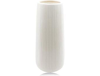 Ceramic Vase, White, for Pampas Grass, 17.8 cm High, Ribbed, Modern and Bohemian, Fresh and Dried Flowers, Home Decoration, Living Room, Table