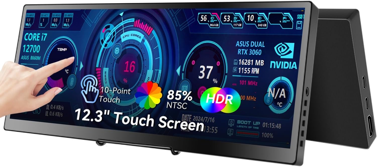Prechen 12.3 inch Portable Touchscreen Monitor - 1920x720 IPS - Zwart