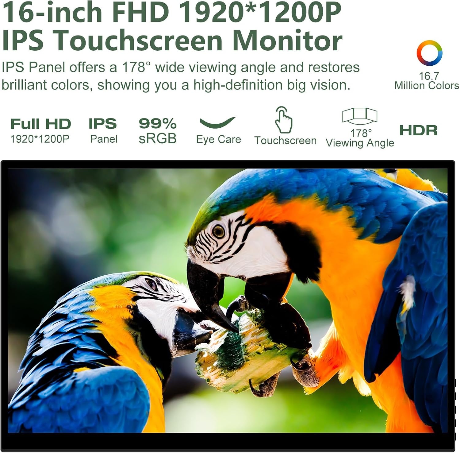 ZFTVNIE Portable Monitor 16 inch Touchscreen Full HD 1920x1200 IPS - USB-C & HDMI