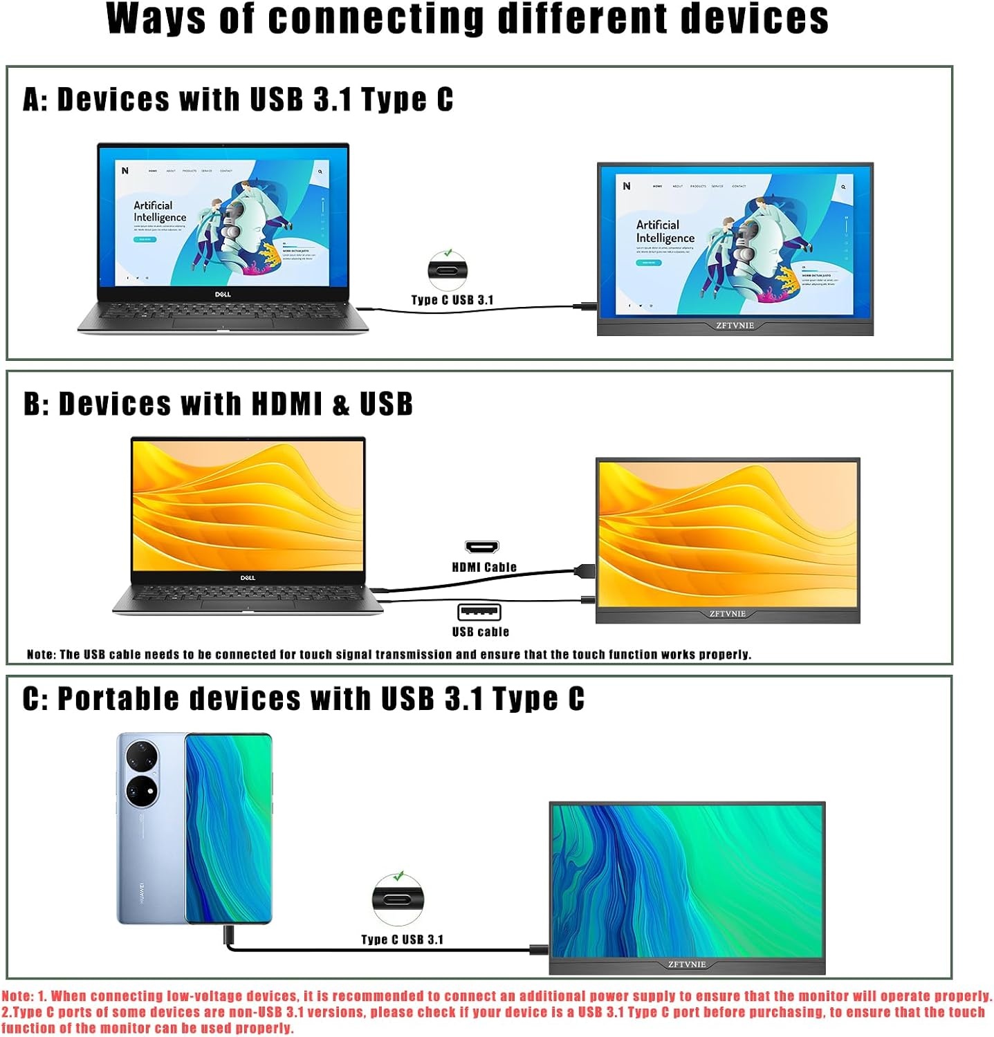 ZFTVNIE Portable Monitor 16 inch Touchscreen Full HD 1920x1200 IPS - USB-C & HDMI