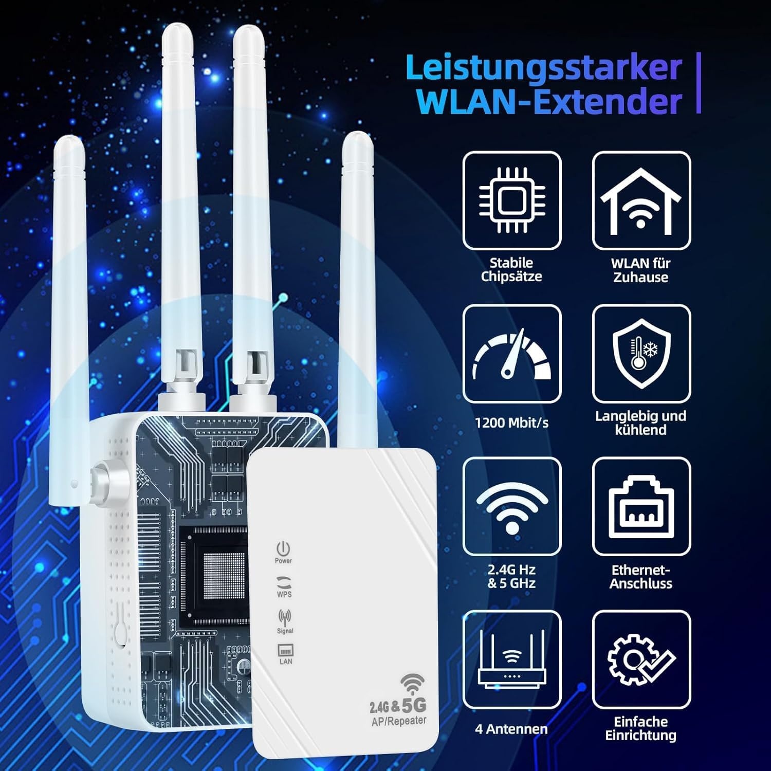 Wifi-signaalversterker voor maximaal 6.000 m² en 60 apparaten, wifi-versterker met groot bereik en Ethernet-poort, toegangspunt, configuratie met 1 knop