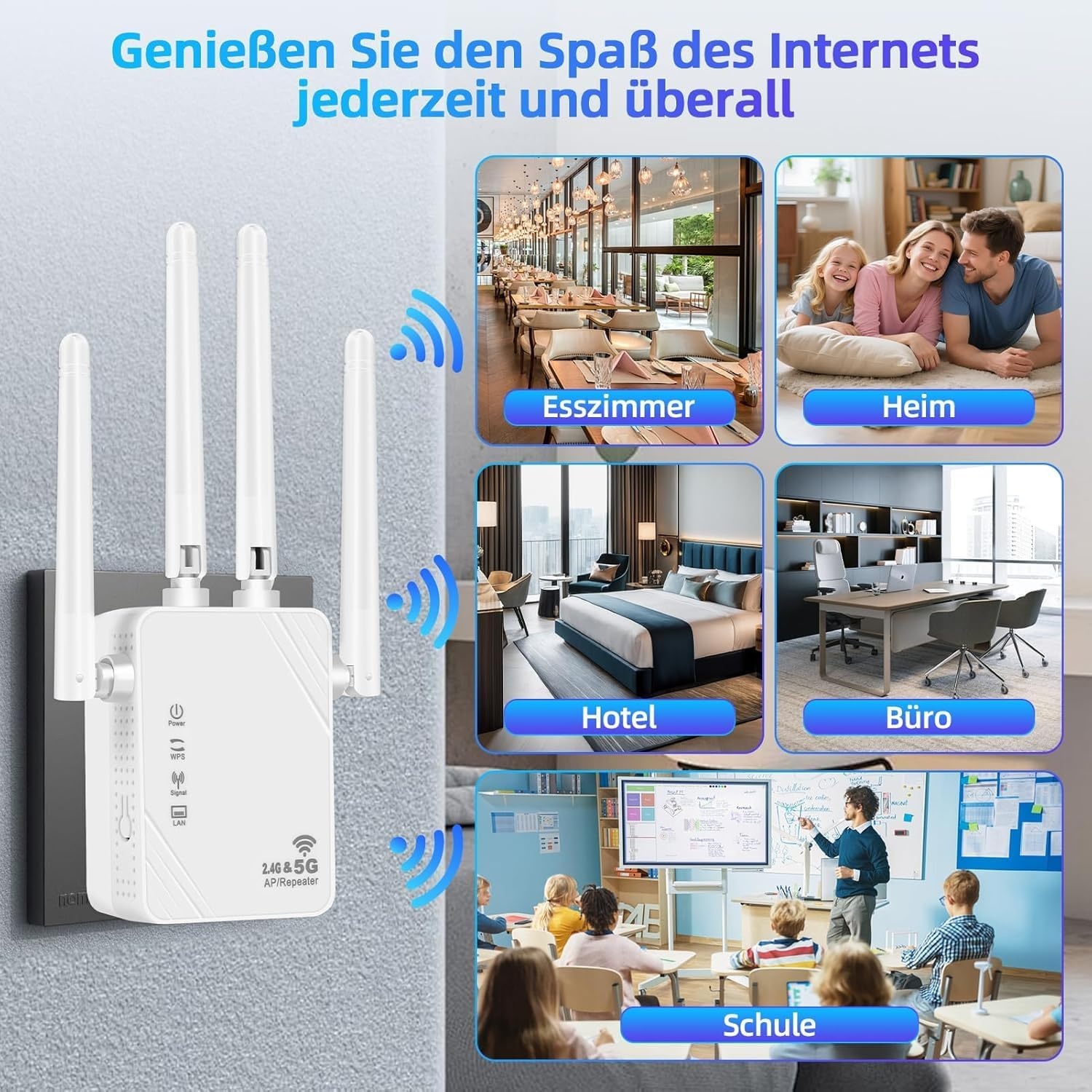Wifi-signaalversterker voor maximaal 6.000 m² en 60 apparaten, wifi-versterker met groot bereik en Ethernet-poort, toegangspunt, configuratie met 1 knop