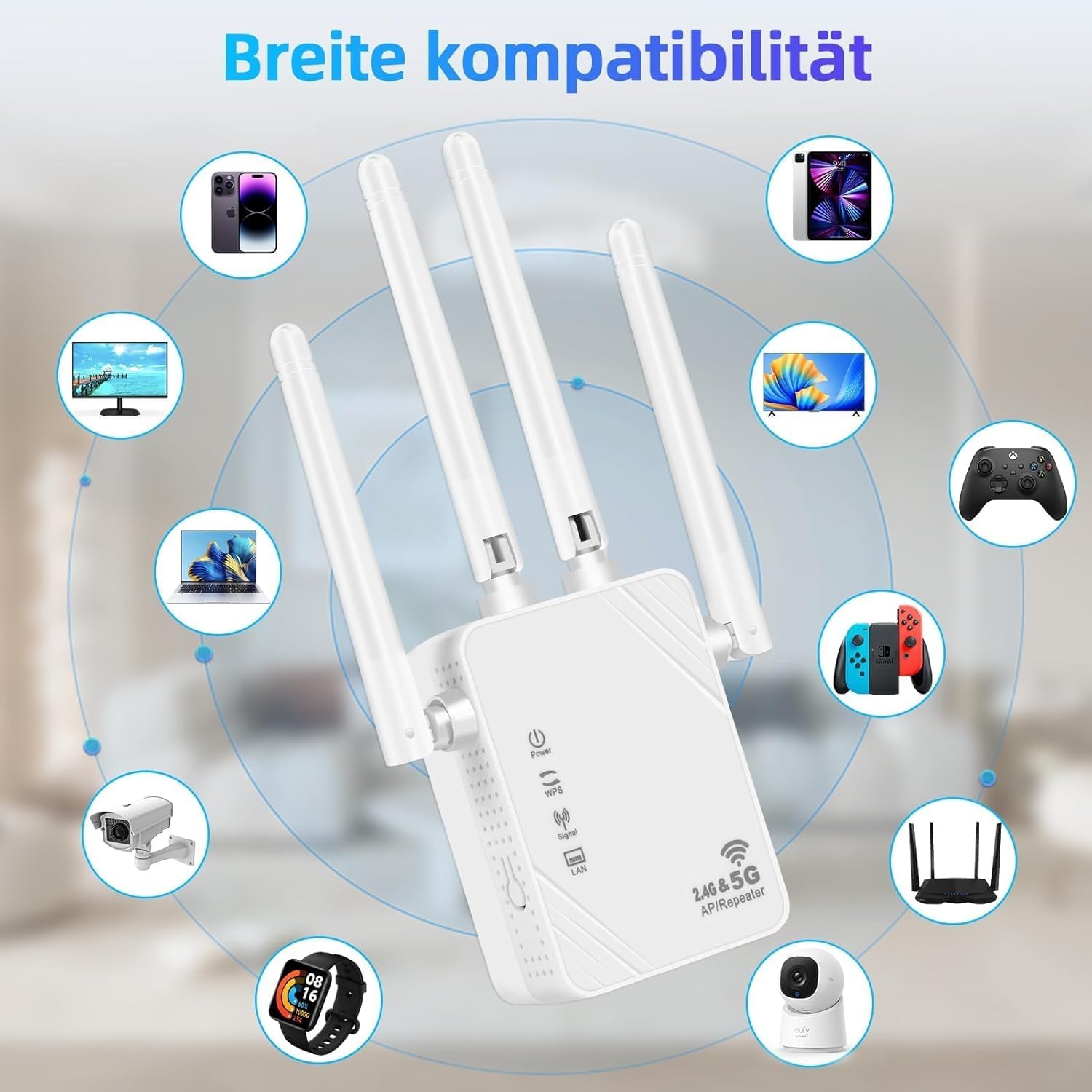 Wifi-signaalversterker voor maximaal 6.000 m² en 60 apparaten, wifi-versterker met groot bereik en Ethernet-poort, toegangspunt, configuratie met 1 knop