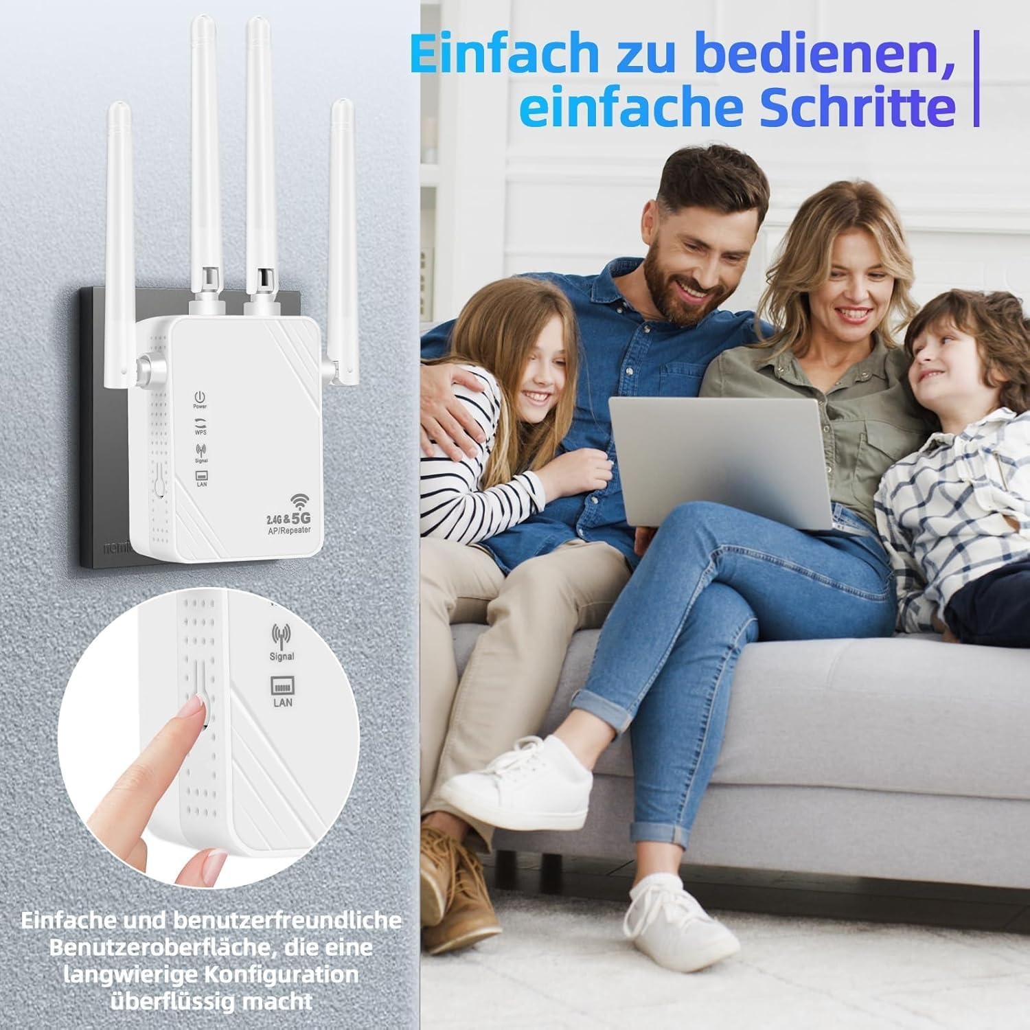 Wifi-signaalversterker voor maximaal 6.000 m² en 60 apparaten, wifi-versterker met groot bereik en Ethernet-poort, toegangspunt, configuratie met 1 knop