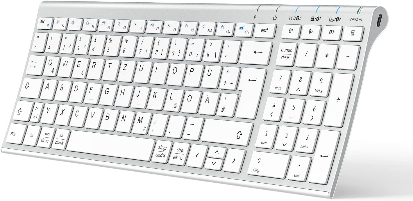 iClever Bluetooth Keyboard BK10, Rechargeable Keyboard Bluetooth Ergonomic Full Size German Standard QWERTZ stable connection for iPad, iPhone, Mac, iOS, Android, Win