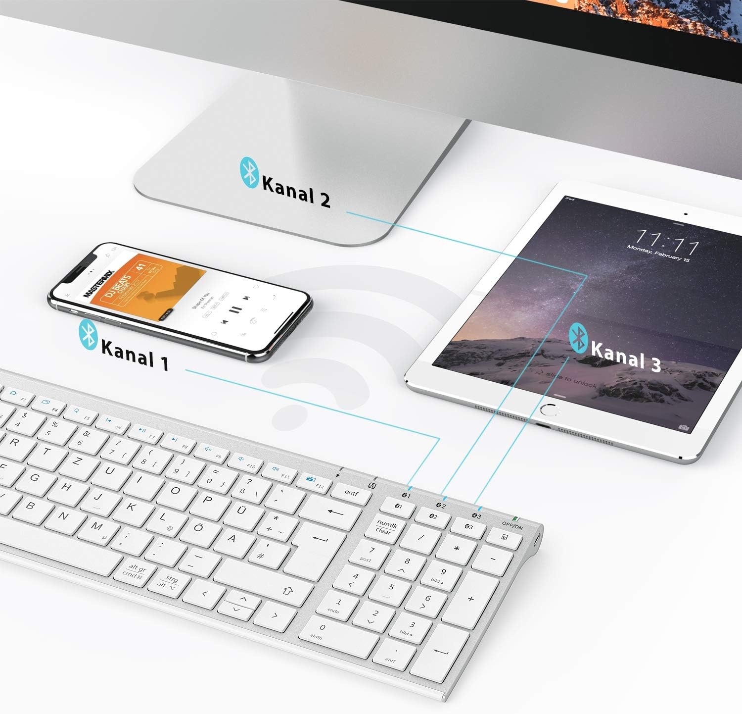 iClever Bluetooth Keyboard BK10, Rechargeable Keyboard Bluetooth Ergonomic Full Size German Standard QWERTZ stable connection for iPad, iPhone, Mac, iOS, Android, Win