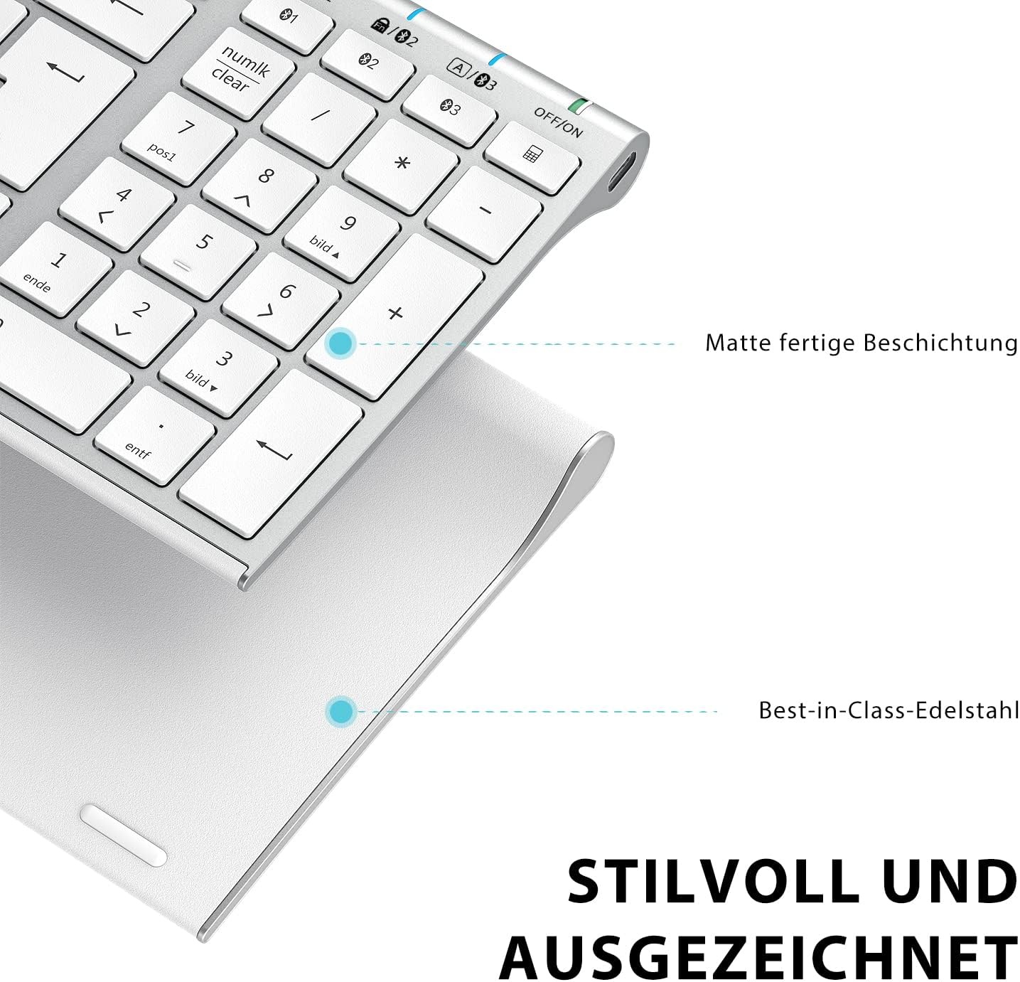 iClever Bluetooth Keyboard BK10, Rechargeable Keyboard Bluetooth Ergonomic Full Size German Standard QWERTZ stable connection for iPad, iPhone, Mac, iOS, Android, Win