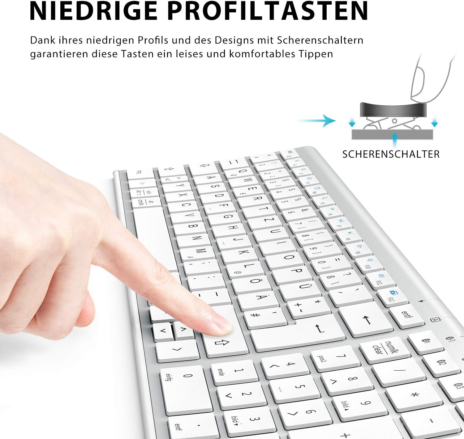 iClever Bluetooth Keyboard BK10, Rechargeable Keyboard Bluetooth Ergonomic Full Size German Standard QWERTZ stable connection for iPad, iPhone, Mac, iOS, Android, Win