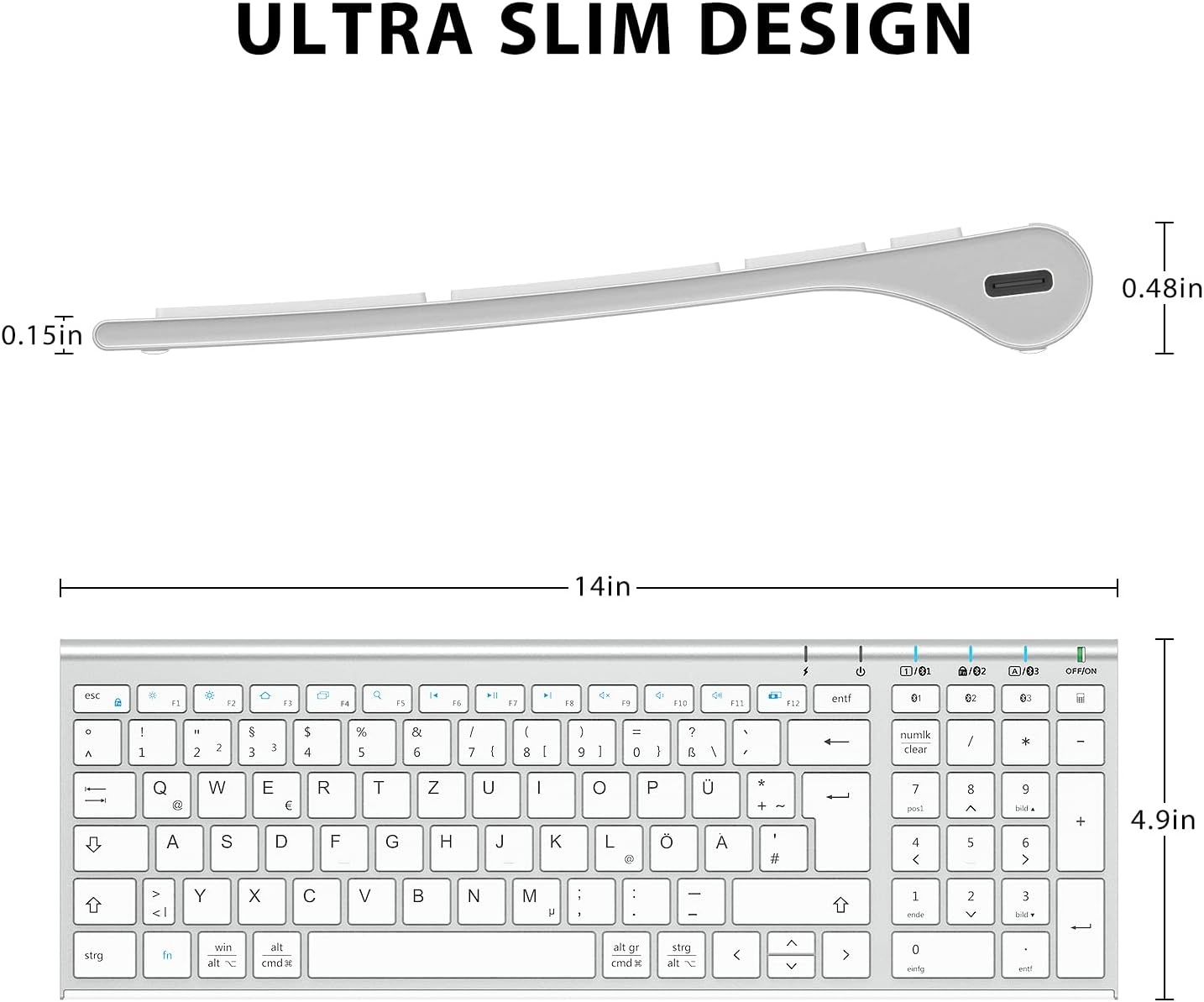 iClever Bluetooth Keyboard BK10, Rechargeable Keyboard Bluetooth Ergonomic Full Size German Standard QWERTZ stable connection for iPad, iPhone, Mac, iOS, Android, Win