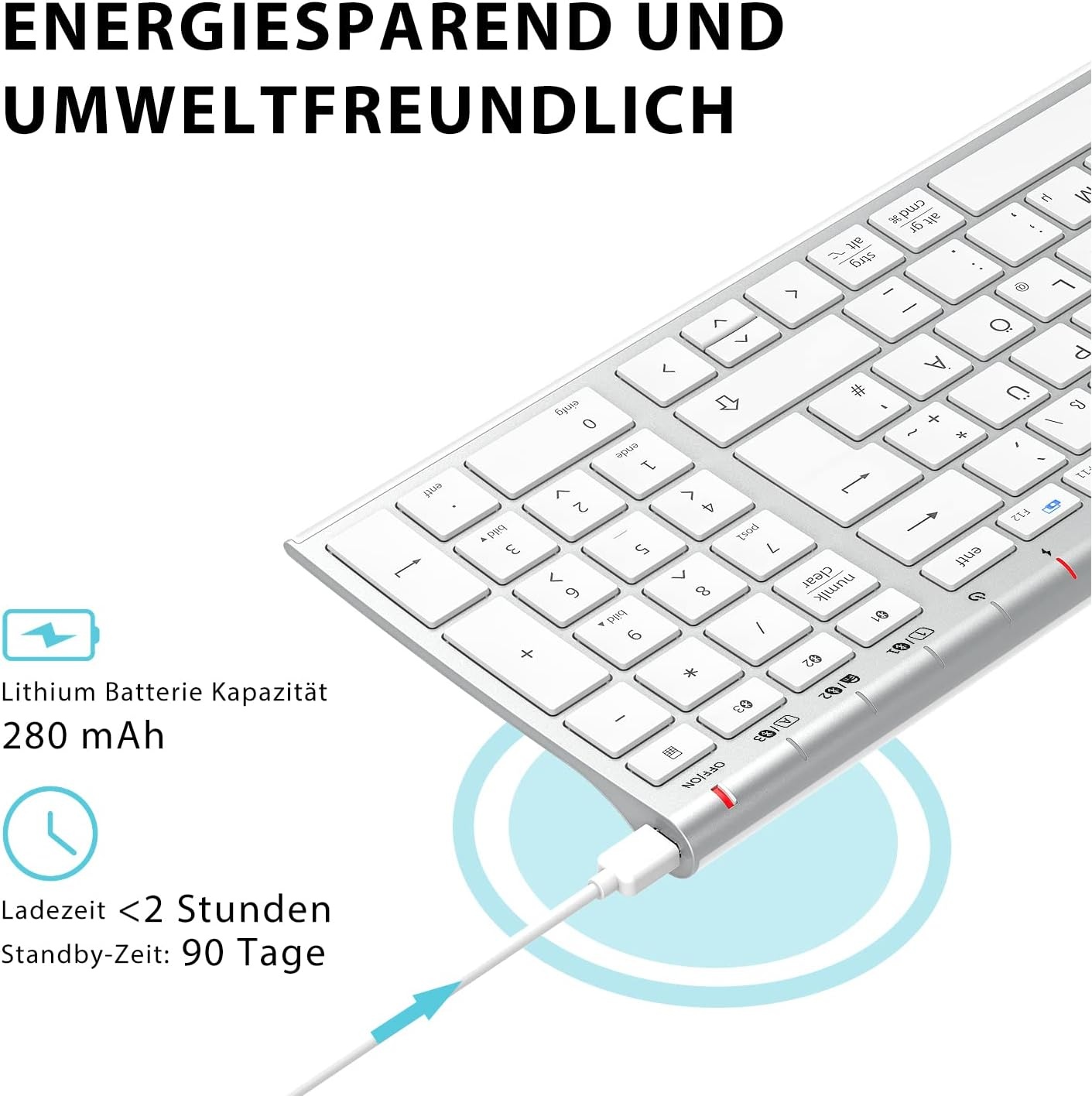 iClever Bluetooth Keyboard BK10, Rechargeable Keyboard Bluetooth Ergonomic Full Size German Standard QWERTZ stable connection for iPad, iPhone, Mac, iOS, Android, Win