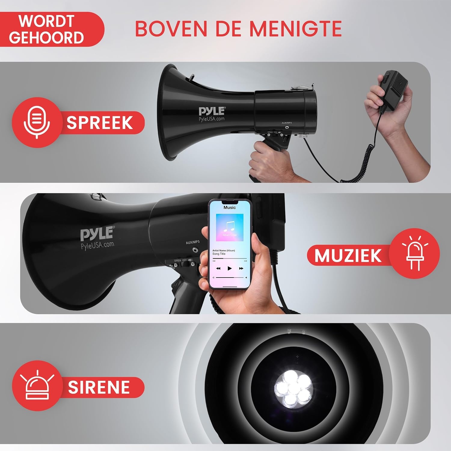Pyle Megaphone 50 Watt - Draagbare Speaker met Microfoon, Sirene en LED - Zwart