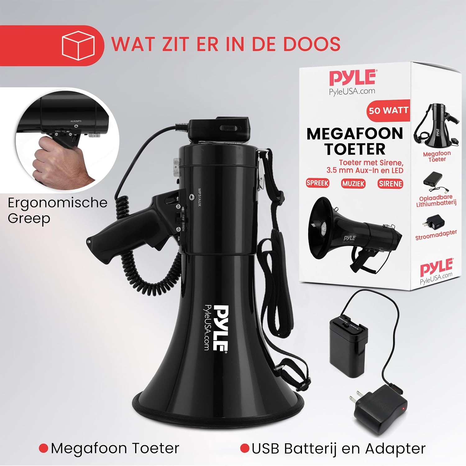 Pyle Megaphone 50 Watt - Draagbare Speaker met Microfoon, Sirene en LED - Zwart