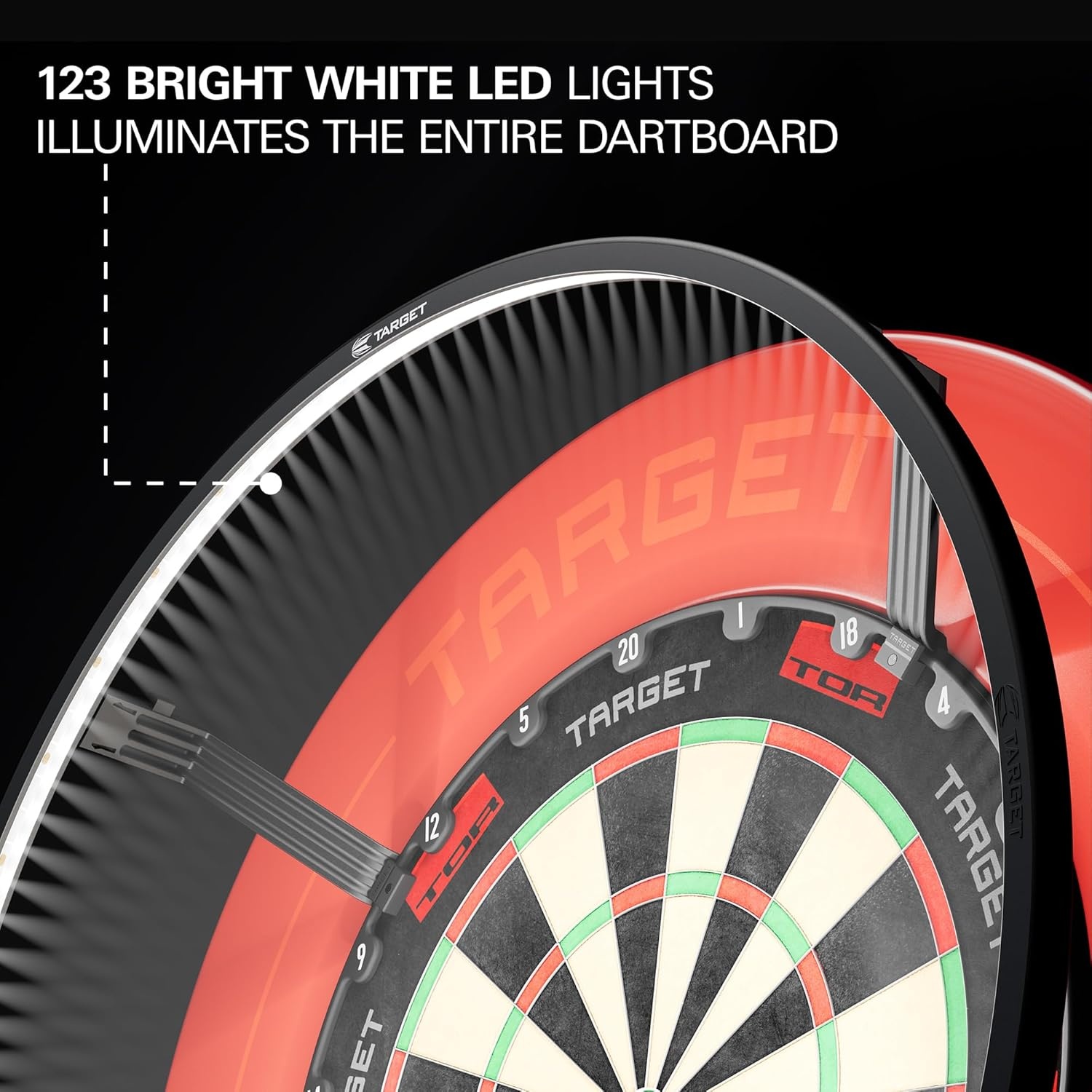Target Darts Corona Vision Dartbord-lichtsysteem, zwarte dartlichtring, led-verlichting, dartbord beschermring, dart-accessoires, dartsurround, dartverlichting