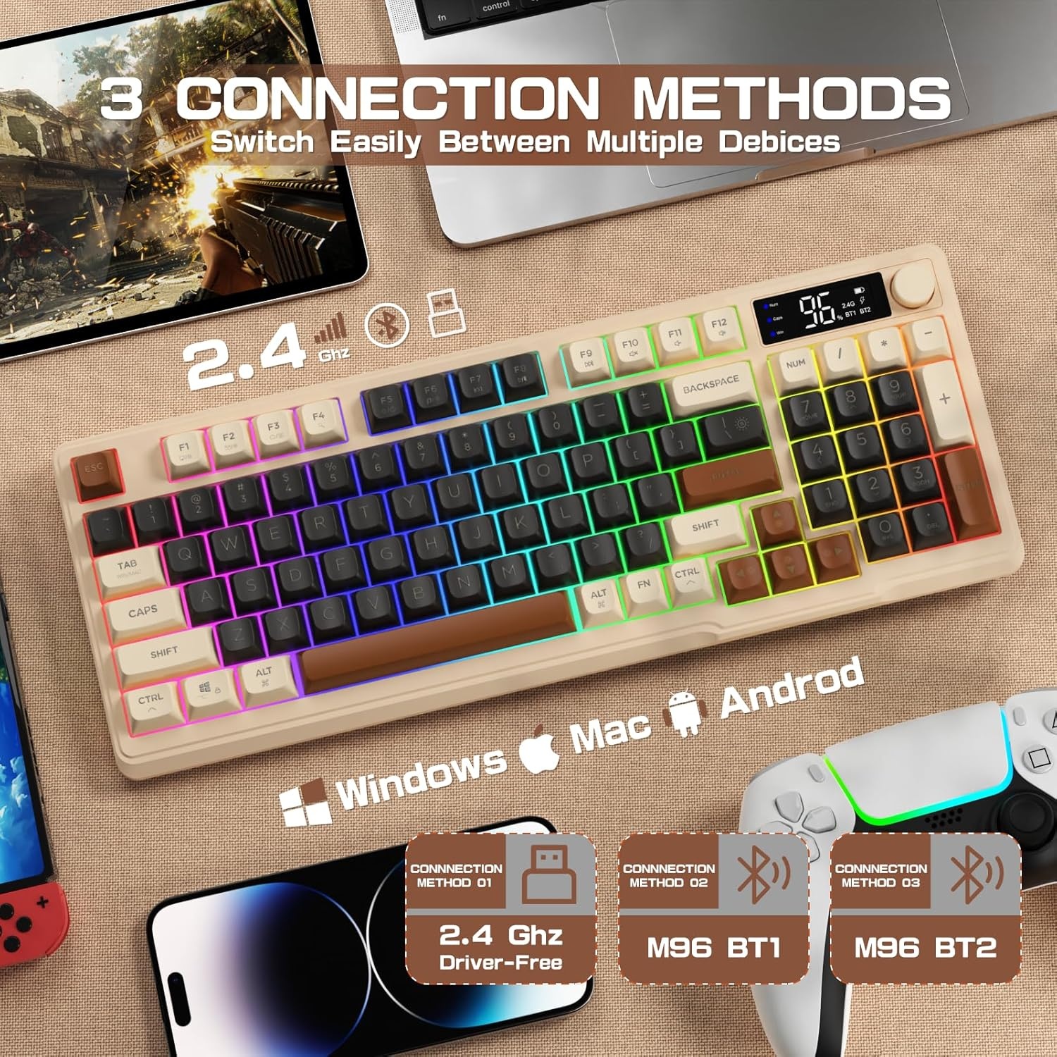 LexonElec M96 Draadloos Gaming Toetsenbord - 94 Toetsen - Semi-mechanisch - Koffiebruin