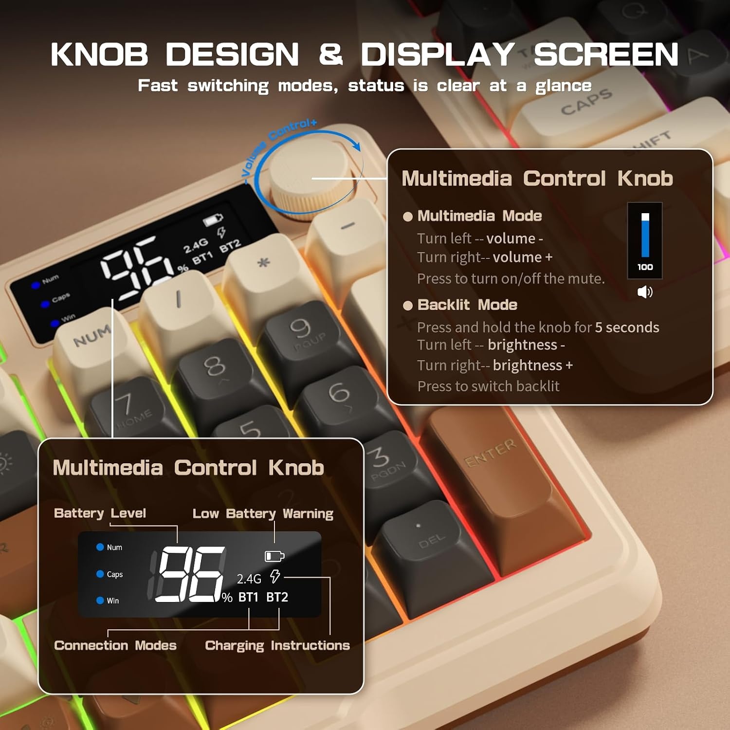 LexonElec M96 Draadloos Gaming Toetsenbord - 94 Toetsen - Semi-mechanisch - Koffiebruin