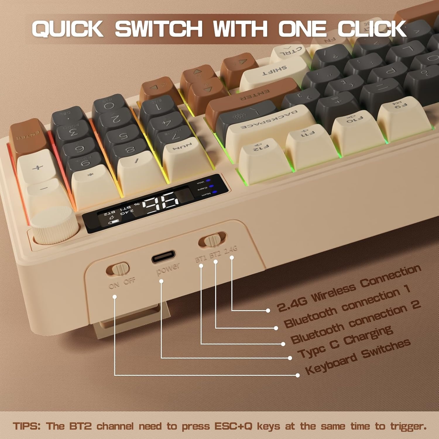 LexonElec M96 Draadloos Gaming Toetsenbord - 94 Toetsen - Semi-mechanisch - Koffiebruin