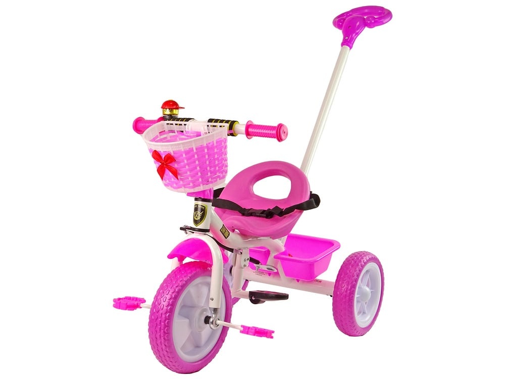 Driewieler met duwstang - 95x48x90cm - met fietsmandje - roze