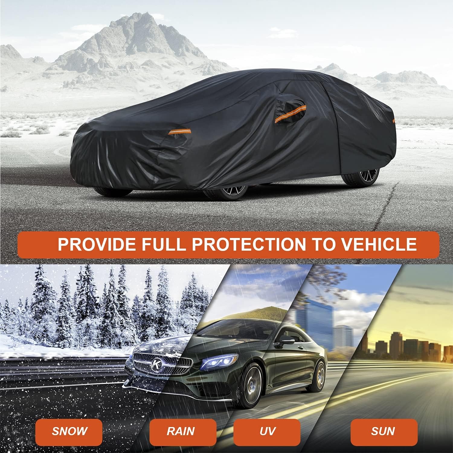Kayme Autohoes voor Sedan 530 cm, 7-laags waterdichte autogarage, Zwart