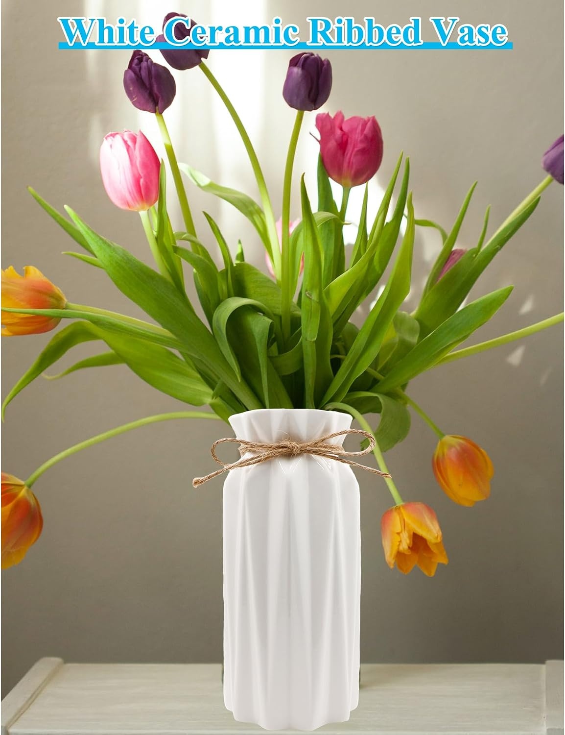 Vaas wit 21,5cm hoog glazuur, bloemenvaas modern keramiek met jute koord, decoratieve vazen voor pampagras bloemen gedroogde bloemen, boho vaas voor thuis woonkamer eettafel kantoor decor - Maat 21.5CM