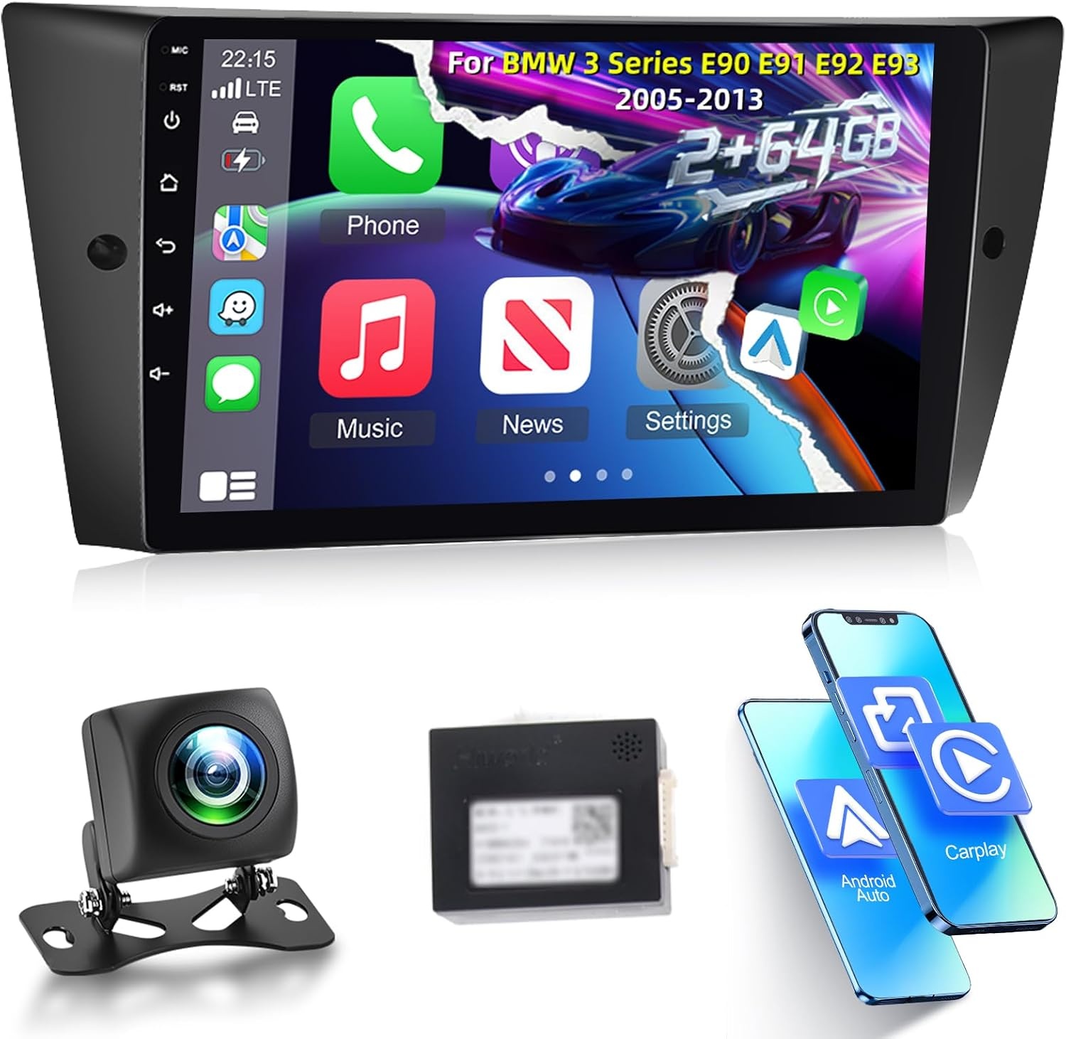 [2G+64G] Android Car Stereo for BMW 3 Series 325i 328i 335i E90 E91 E92 E93 2005-2013 with Wireless Carplay and Android Auto, 9 inch HD Touch Screen Car Radio with GPS/WiFi/Bluetooth/EQ/FM RDS