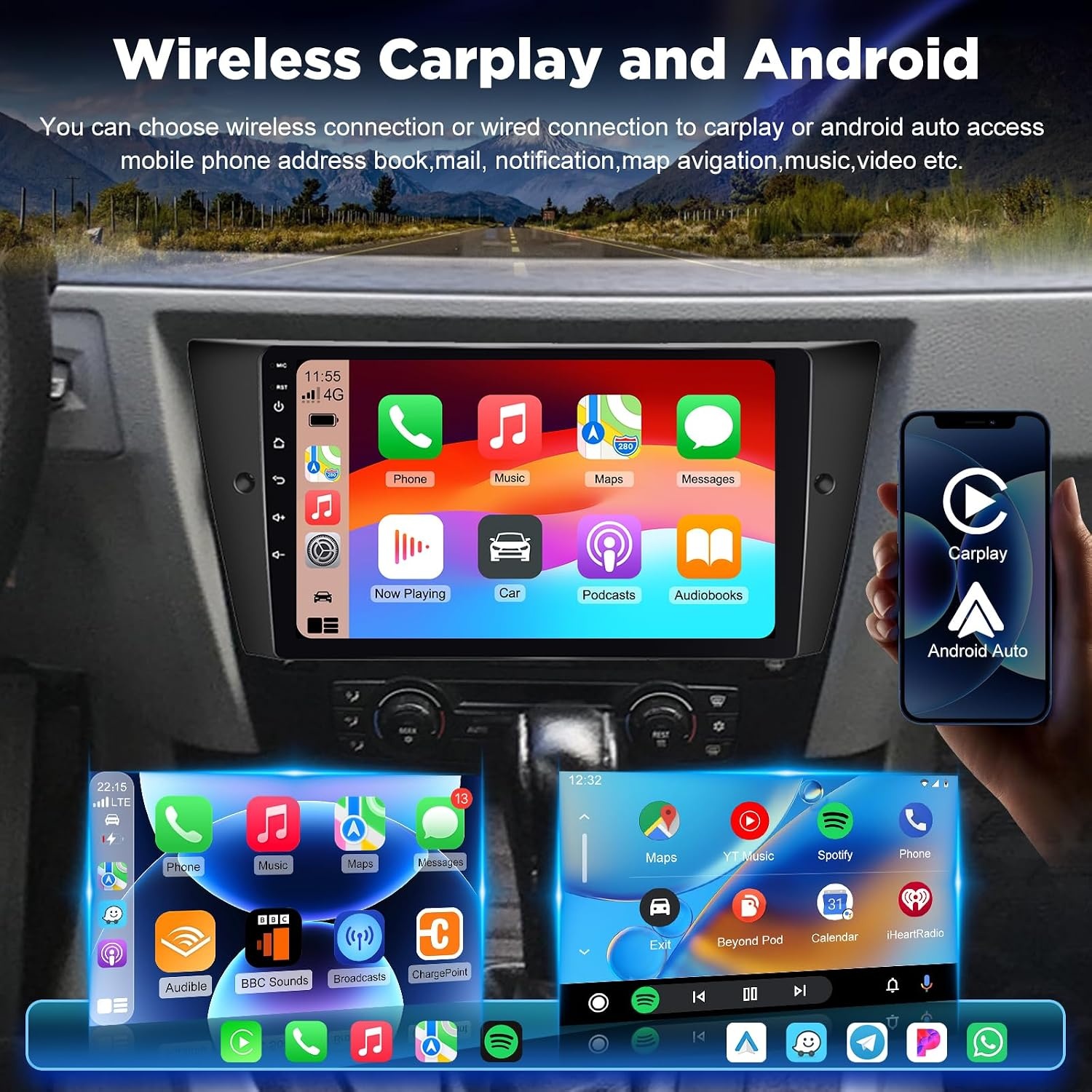 [2G+64G] Android Car Stereo for BMW 3 Series 325i 328i 335i E90 E91 E92 E93 2005-2013 with Wireless Carplay and Android Auto, 9 inch HD Touch Screen Car Radio with GPS/WiFi/Bluetooth/EQ/FM RDS