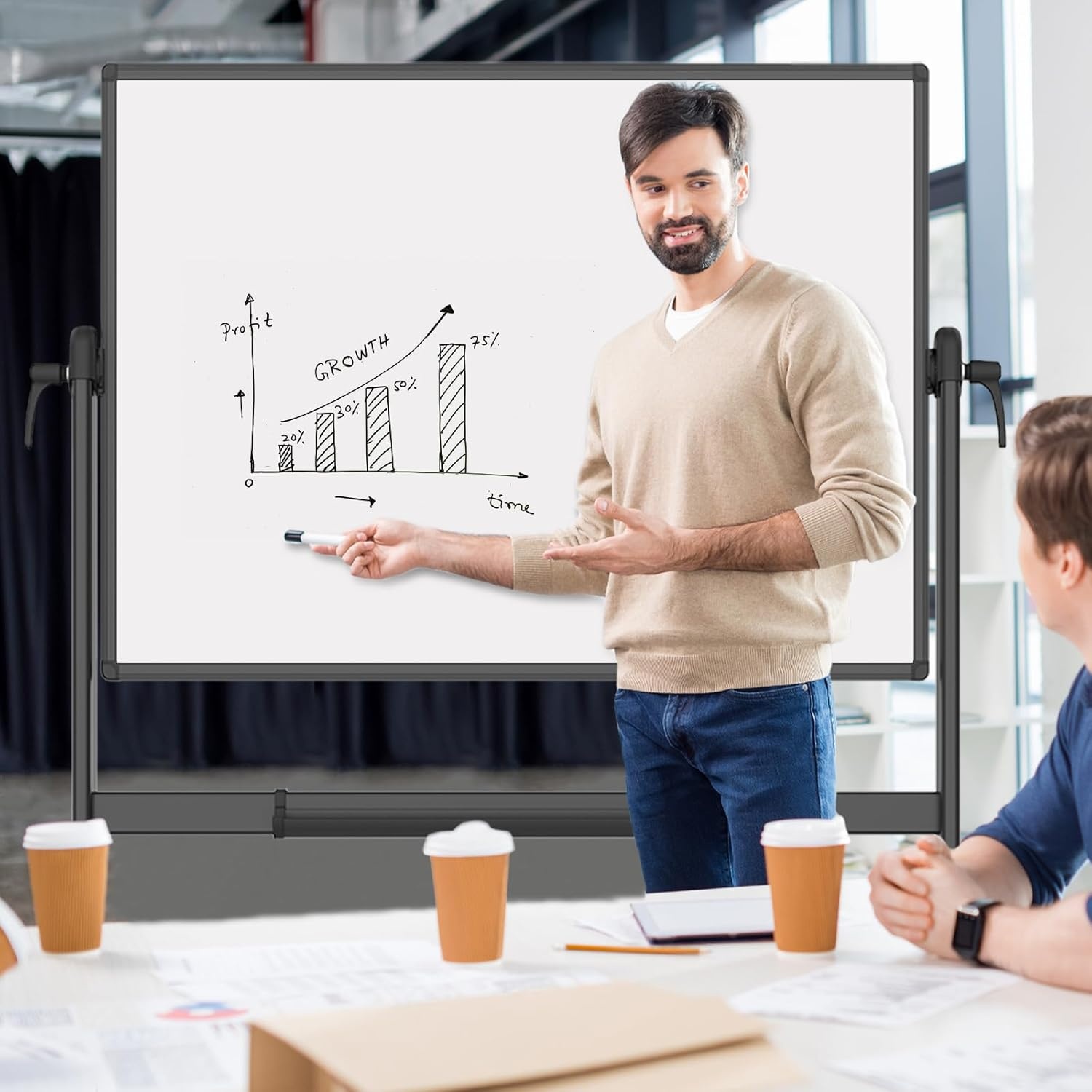 Mobiel whiteboard dubbelzijdig magnetisch 120 x 90 cm | Zwart aluminium frame | Met standaard