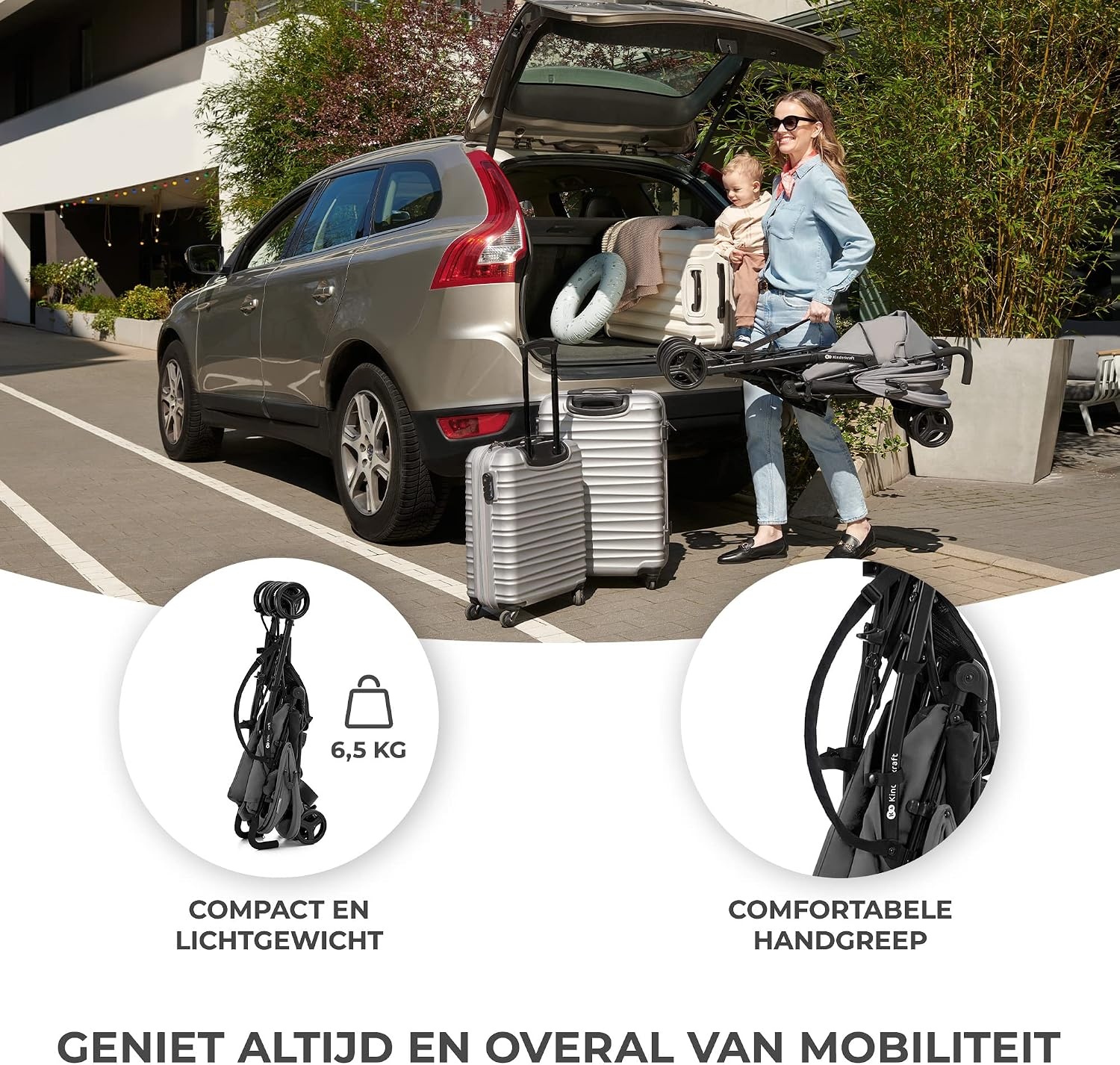 Kinderkraft TIK lichtgewicht buggy, wandelwagen, reisbuggy, makkelijk inklapbaar, vanaf 6 maanden, verstelbare rugleuning in ligstand, maximaal gewicht tot 17kg, Grijs