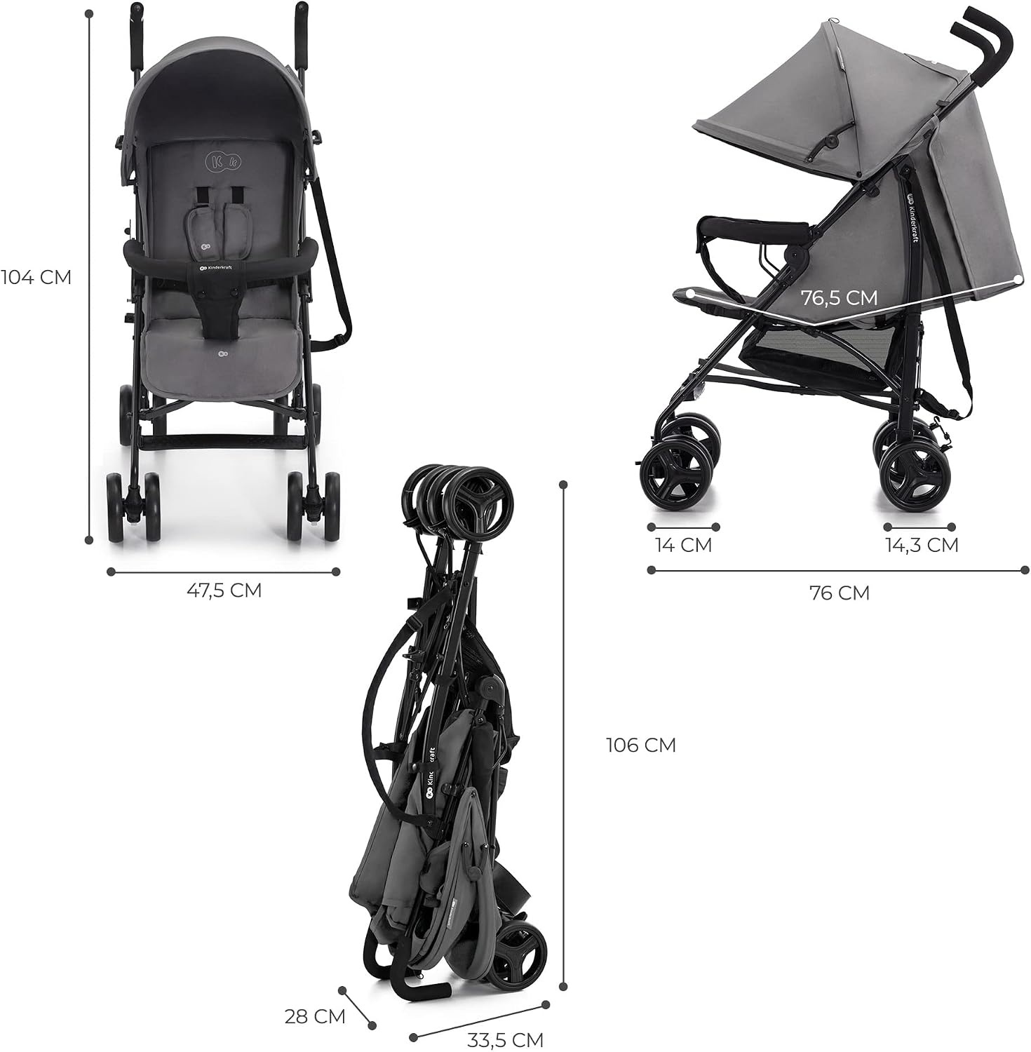 Kinderkraft TIK lichtgewicht buggy, wandelwagen, reisbuggy, makkelijk inklapbaar, vanaf 6 maanden, verstelbare rugleuning in ligstand, maximaal gewicht tot 17kg, Grijs