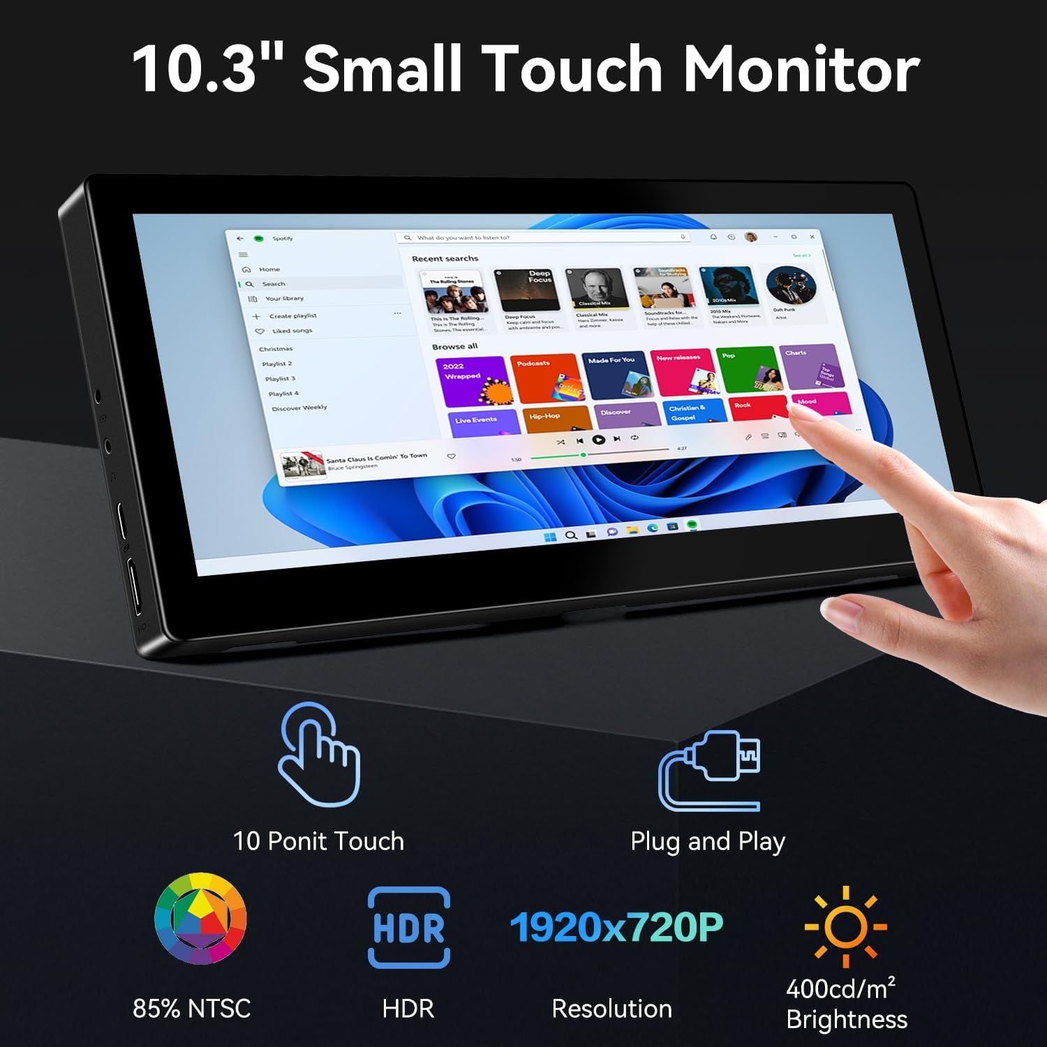 Prechen 10,3 inch Portable Touchscreen Monitor - Stretched Bar Display 1920 x 720 - Zwart