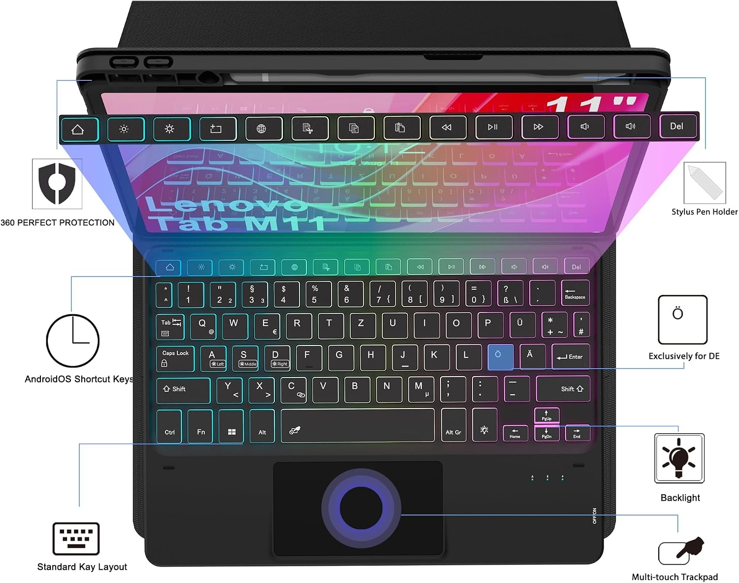 Verlicht Toetsenbordhoes met Trackpad voor Lenovo Tab M11 (2024) - Zwart